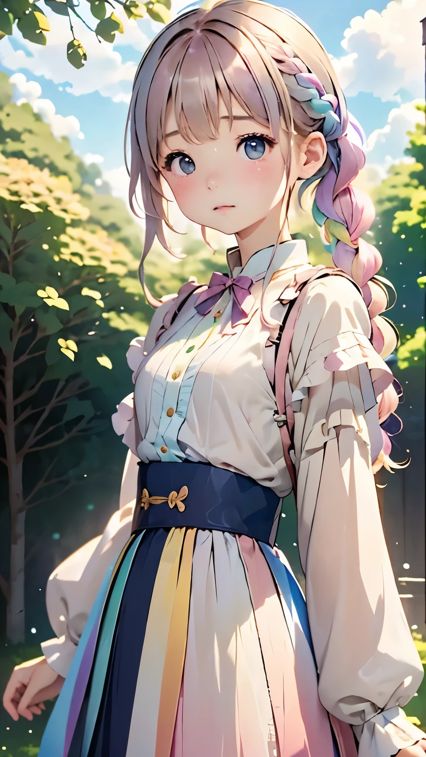 one girl、１２talent、Magical girl、anatomy、french braid、anime style、small breasts、cute face、cute clothes、combat uniform、、(((The background is pastel colored clouds:1.5、rainbow、blurred background)))、highest quality、High resolution、High resolution、cinematic lighting、professional photographer