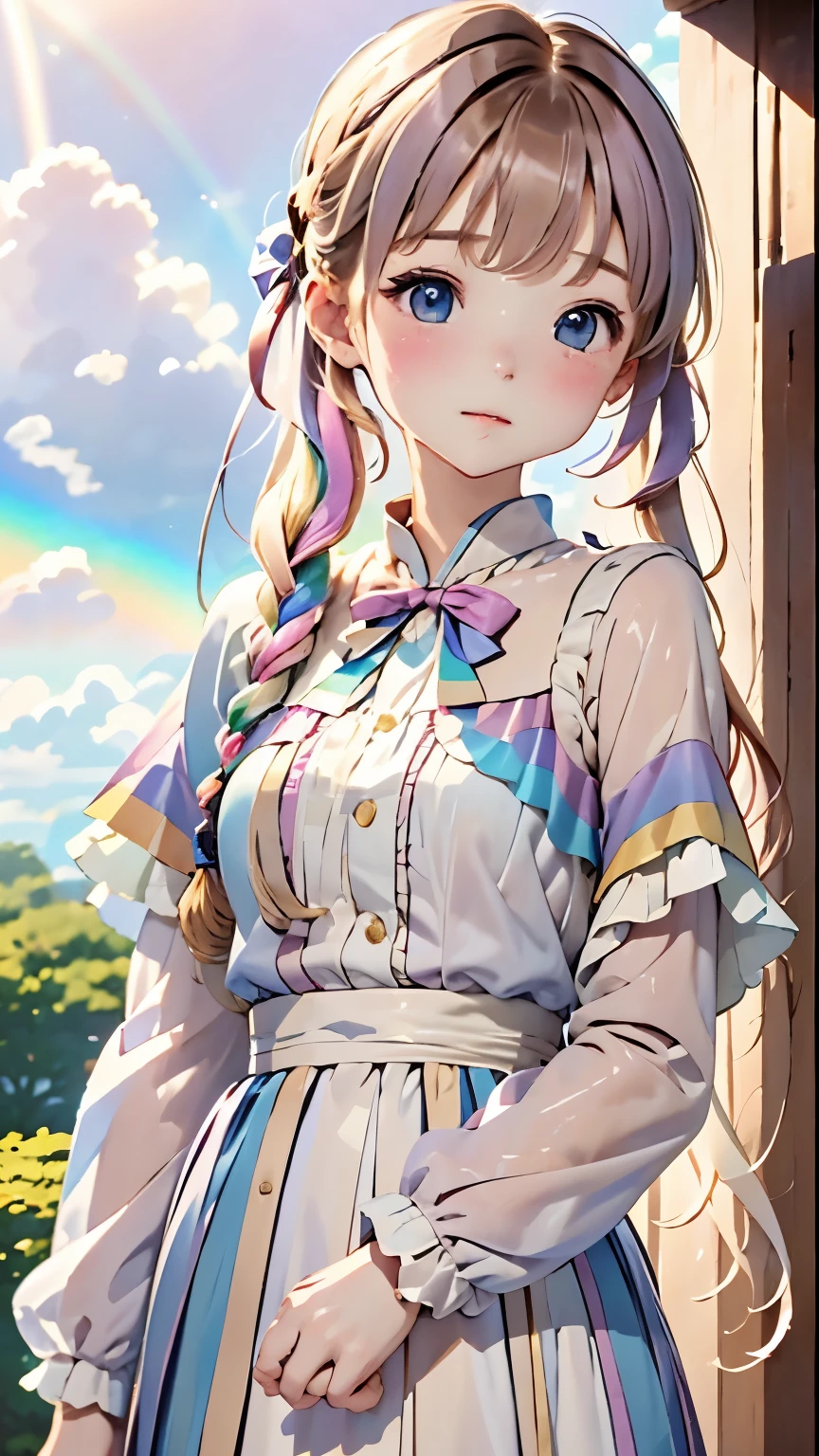 one girl、１２talent、Magical girl、anatomy、french braid、anime style、small breasts、cute face、cute clothes、combat uniform、、(((The background is pastel colored clouds:1.5、rainbow、blurred background)))、highest quality、High resolution、High resolution、cinematic lighting、professional photographer