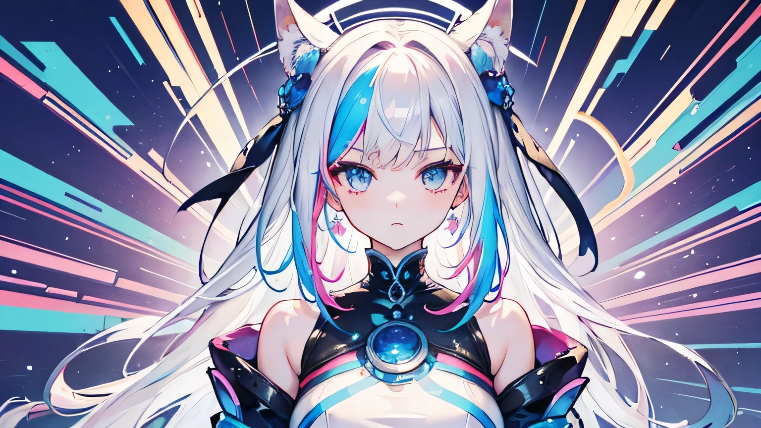 (masterpiece, top quality, best quality, official art, beautiful and aesthetic:1.2), (1girl:1.3, tight crop top leather suit), ((shy and looking at viewert)), (Perfect thick white eyebrows) Delicate fur, 详细s face, extremely detailed,(fractal art:1.2),colorful, highest detailed,(zentangle:1.2), (dynamic pose), (abstract colorful background:1.5), (treditional dress:1.2), (shiny skin), (many colors:1.4), upper body
