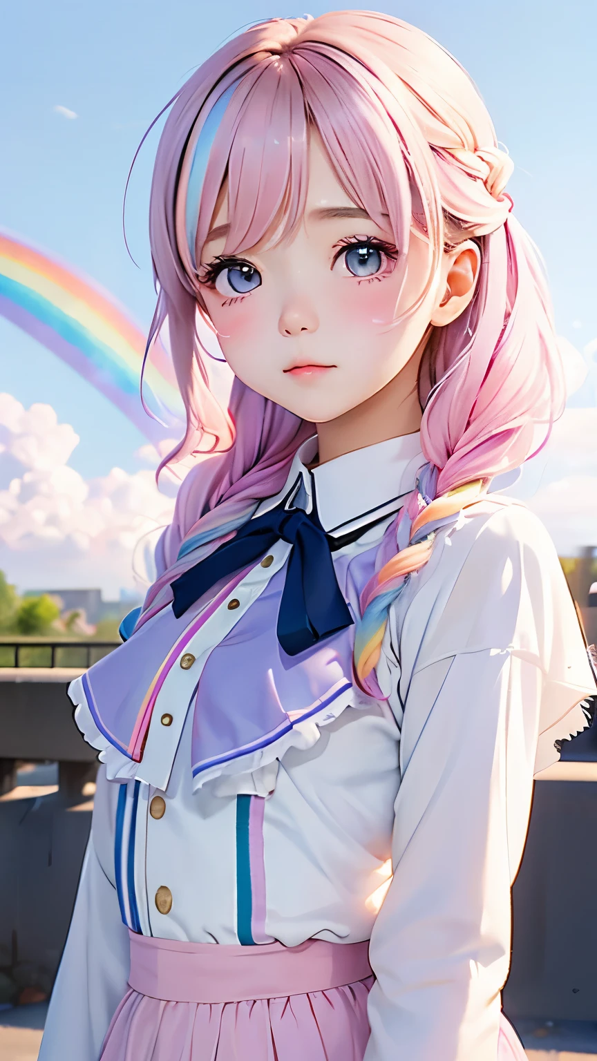 one girl、12talent、Magical girl、anatomy、french braid、anime style、small breasts、cute face、cute clothes、combat uniform、、(((The background is pastel colored clouds:1.5、rainbow、blurred background)))、highest quality、High resolution、High resolution、cinematic lighting、professional photographer