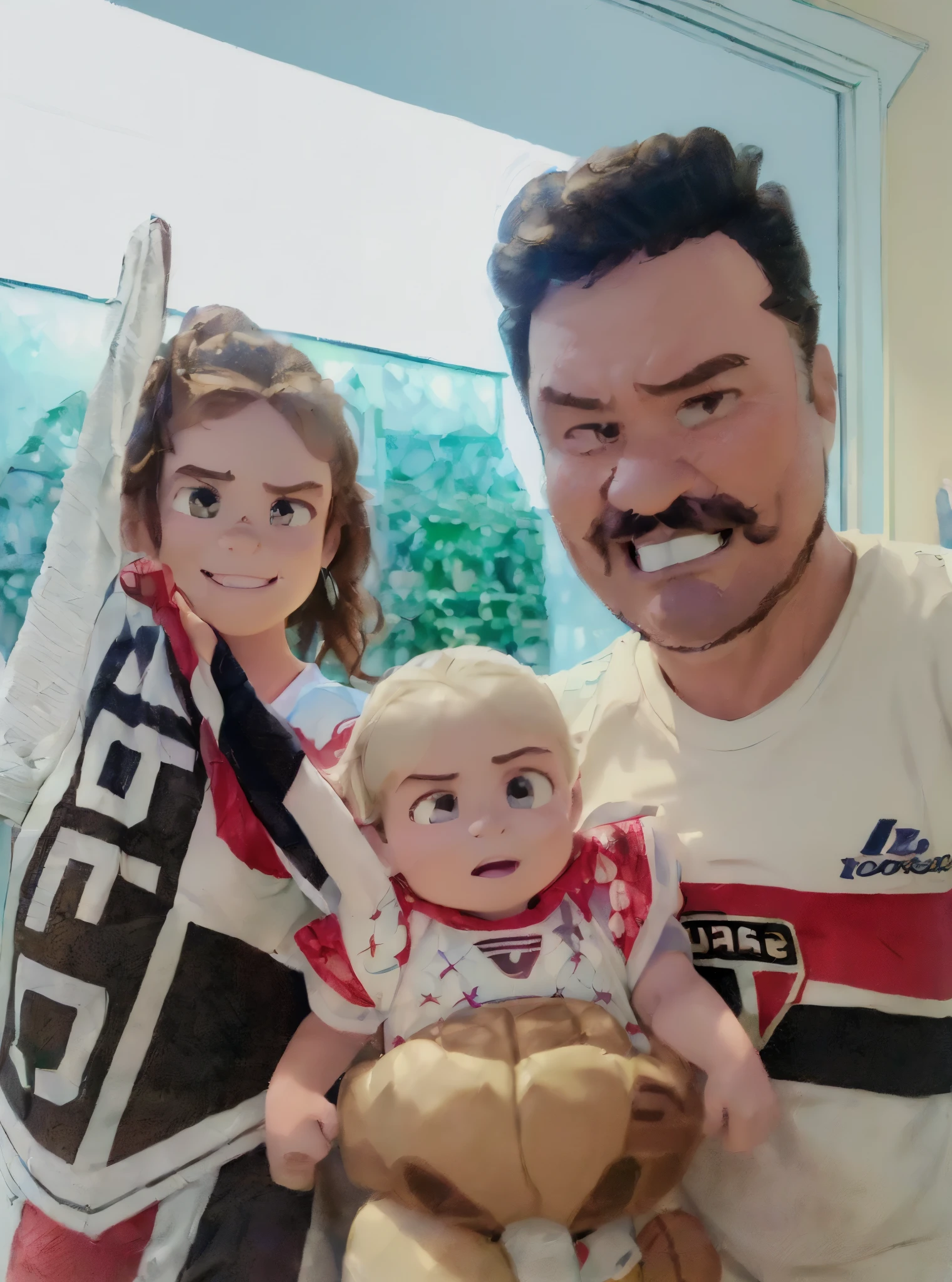 (((((family with father and 2 daughters in football shirts))))), ((((Disney pixar style animation)))), (((manter cores utilizadas na imagem original))), ((melhor qualidade)), ((obra de arte)), (detalhado), rostos perfeitos