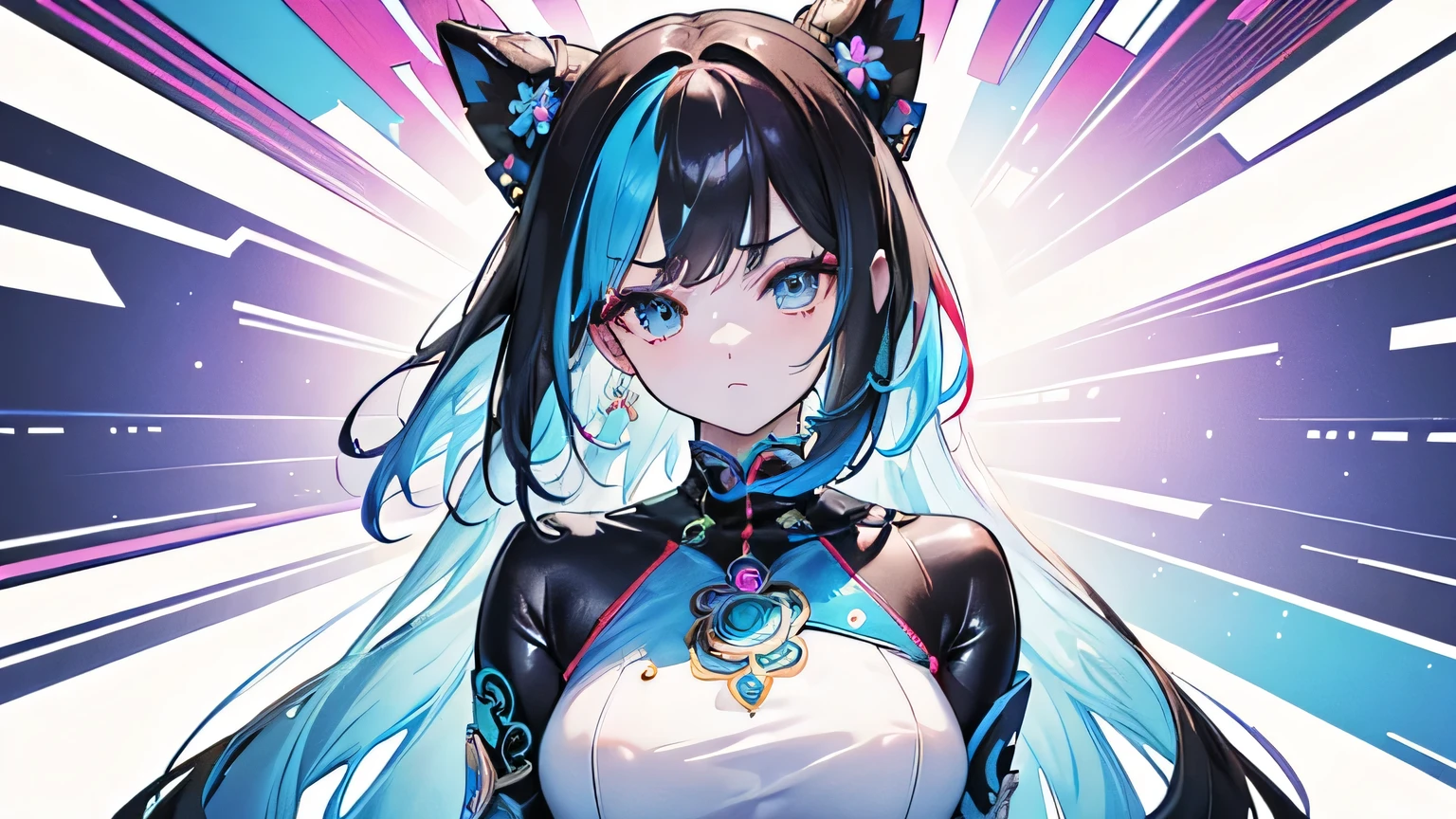 (masterpiece, top quality, best quality, official art, beautiful and aesthetic:1.2), (1girl:1.3, tight crop top leather suit), ((shy and looking at viewert)), (Perfect thick white eyebrows) Delicate fur, 详细s face, extremely detailed,(fractal art:1.2),colorful, highest detailed,(zentangle:1.2), (dynamic pose), (abstract colorful background:1.5), (treditional dress:1.2), (shiny skin), (many colors:1.4), upper body