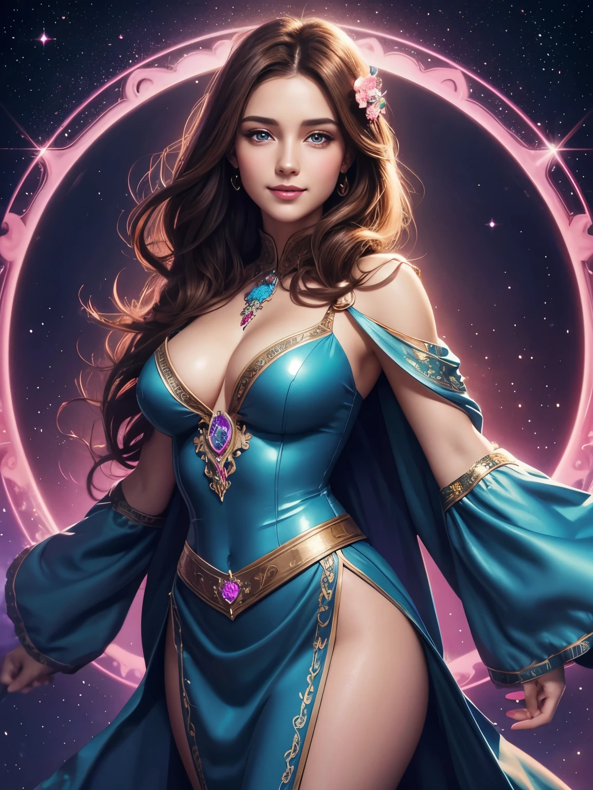 Portrait, beautiful woman with brown hair and a silky blue dress, hourglass figure, symmetrical figure, highly detailed face, beautiful face, calming blue eyes, lush pink lips, smiling, alluring, stunning digital illustration, cosmic fantasy background, beautiful digital artwork, magenta lighting, glossy digital painting, gorgeous digital art, 4k detailed digital art, beautiful digital illustration, 4k highly detailed digital art, beautiful digital art, realistic digital art 4k, realistic digital art 4k, airbrush digital art