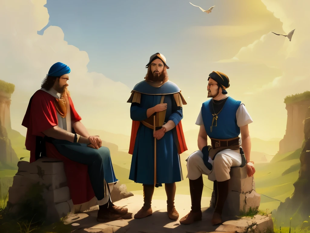 um grupo de homens rezando. Two men are sitting. Four men are standing. Um grupo de judeus. biblical costumes. biblical style. biblical setting.