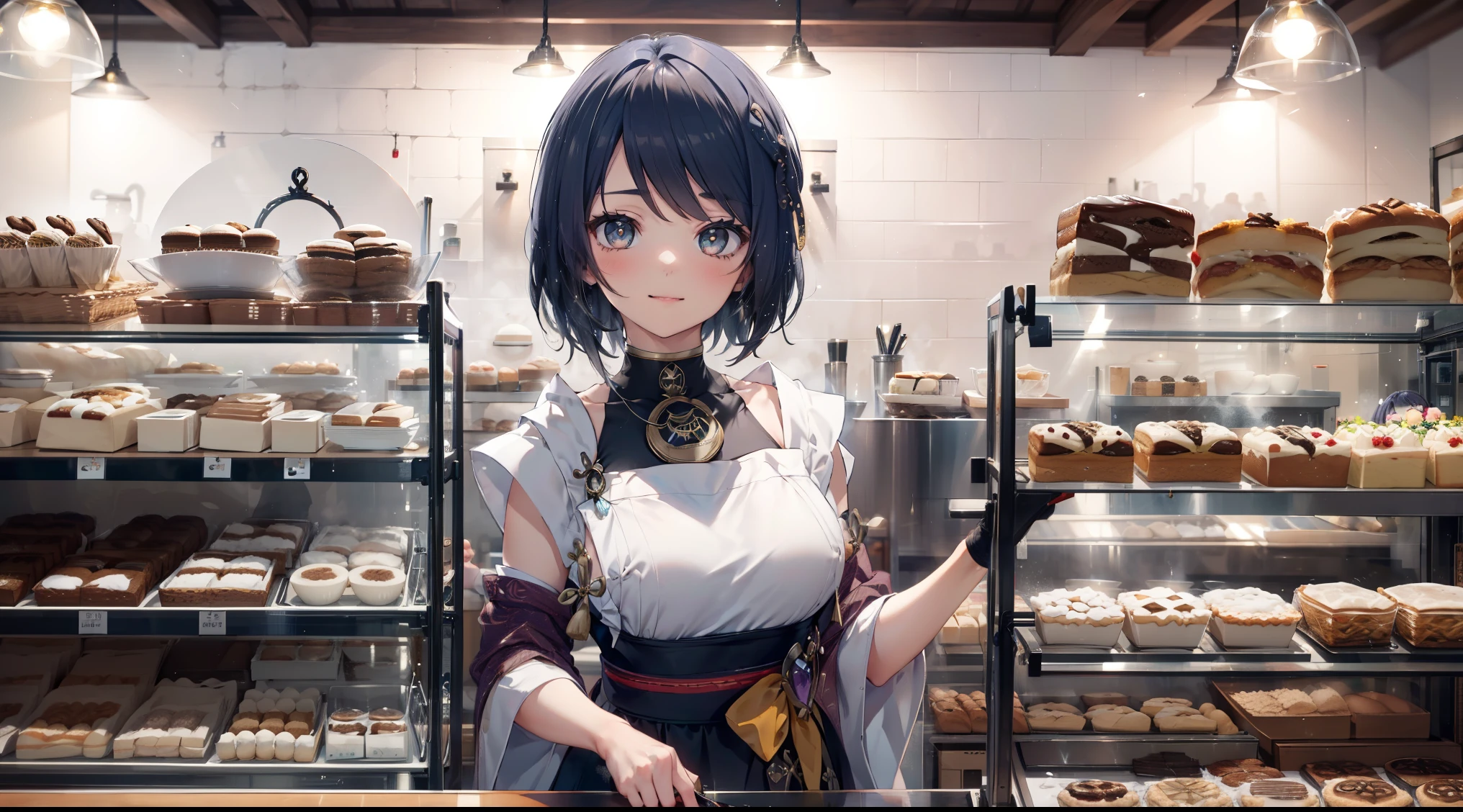 Kujou Sara|Genshin Impact, (best quality,8ก,Masterpiece), Girl with black hair and blue eyes, Wear a bakery uniform, Work in a traditional Japanese bakery to prepare traditional desserts., sparkling eyes, happiness.