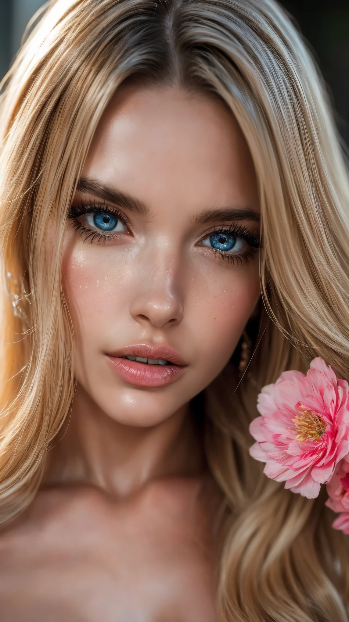 (((Ultra-realistic))), (artistic realization), (ultra-detailed face and eyes: 1.4), 1 girl, (blonde) , (naked) , (very long hair) , Wavy hair, Detailed eyes, (large detailed lips) , makeup, (Natural breasts). (((She lies), many sakura flowers around, view from above, close-up, close to the camera)) , pink atmosphere frame, (ultra detailed)