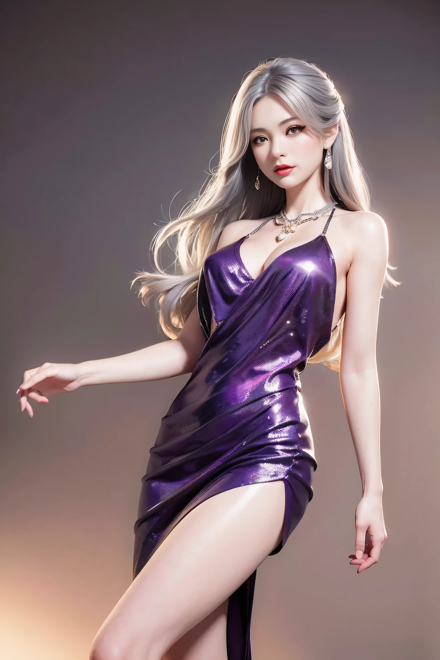 best work,Super high quality work,4K:2.0,ultra high definition,8K HD CG production,High quality graphics,3D high-definition CG photos,Ultra high pixels,Super exquisite:1.1,technical details:1.1,室内灯Light effect果:1.1,Natural dimming,Light effect,Ultra high resolution large files,fashion clothing photos,Exquisite and sexy woman,A mature and sexy woman,Royal sister temperament,Characteristics of European and American women,Mixed-race beauty,Temperamental type goddess,silver hair,She has long white and silver hair,clear hair,Careful hair texture(Premium hair details:1.1)Beautiful and delicate eyebrows and eyelashes,big eyes,light red eyes,sexy red lips,perfect lip shape,clear skin texture,hydrated skin(Advanced facial details:1.1)The face of a perfect goddess,perfect body shape,top supermodel,devilish figure,Buttocks raised,Men’s waists are all thin,long legs,(Advanced skin details:1.1),Smooth,Wear evening gown,deep purple dress, ((glow dress:1.5))sequin evening dress,dress dress,silk scarf,lace dress(Premium lace details:1.1)deep purple,High heel,livestock,Wear jewelry,ear nipple ring,necklace,bracelet,Having dinner,full-body shot,Costume Art Photos,high quality work