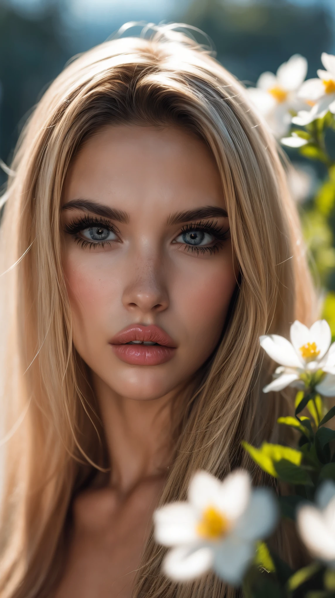 (((Ultra-realistic))), (artistic realization), (ultra-detailed face and eyes: 1.4), 1 girl, (blonde) , (naked) , (very long hair) , Wavy hair, Detailed eyes, (large detailed lips) , makeup, (Natural breasts). (((She lies), many sakura flowers around, view from above, close-up, close to the camera)) , pink atmosphere frame, (ultra detailed)