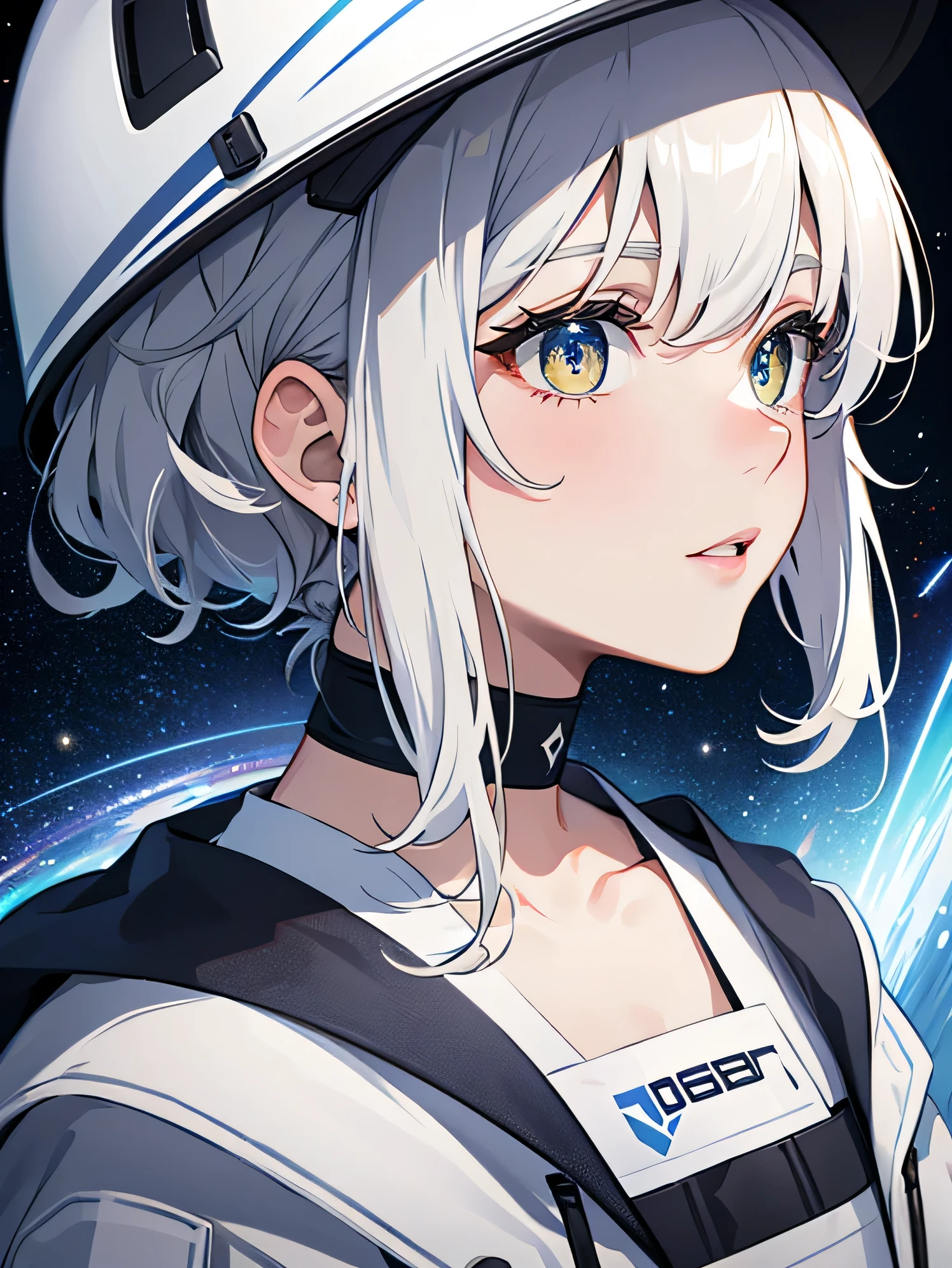 (Close-up of masterpieces for even higher resolution:1.5)0.9], (space and astronauts:1.2) (messy silver hair:1.1) (Yellow eyes with heterochromia and blue eyes:1.2) (space helmet:1.0) (colored stars in the eyes:1.0) (synchrotron radiation:1.1) (big lips:0.9)