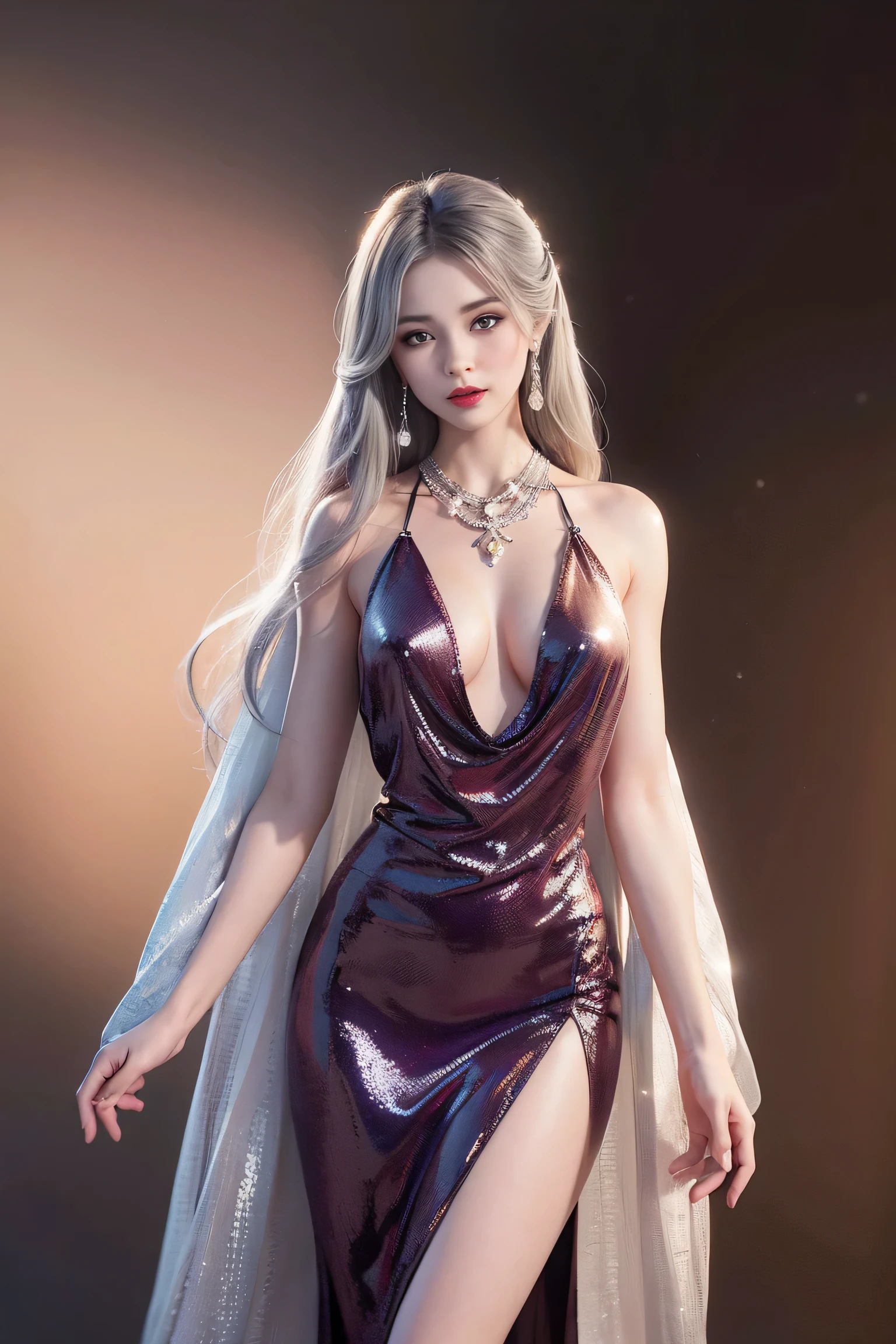 best work,Super high quality work,4K:2.0,ultra high definition,8K HD CG production,High quality graphics,3D high-definition CG photos,Ultra high pixels,Super exquisite:1.1,technical details:1.1,室内灯Light effect果:1.1,Natural dimming,Light effect,Ultra high resolution large files,fashion clothing photos,Exquisite and sexy woman,A mature and sexy woman,Royal sister temperament,Characteristics of European and American women,Mixed-race beauty,Temperamental type goddess,silver hair,She has long white and silver hair,clear hair,Careful hair texture(Premium hair details:1.1)Beautiful and delicate eyebrows and eyelashes,big eyes,light red eyes,sexy red lips,perfect lip shape,clear skin texture,hydrated skin(Advanced facial details:1.1)The face of a perfect goddess,perfect body shape,top supermodel,devilish figure,Buttocks raised,Men’s waists are all thin,long legs,(Advanced skin details:1.1),Smooth,Wear evening gown,deep purple dress, ((glow dress:1.5))sequin evening dress,dress dress,silk scarf,lace dress(Premium lace details:1.1)deep purple,High heel,livestock,Wear jewelry,ear nipple ring,necklace,bracelet,Having dinner,full-body shot,Costume Art Photos,high quality work
