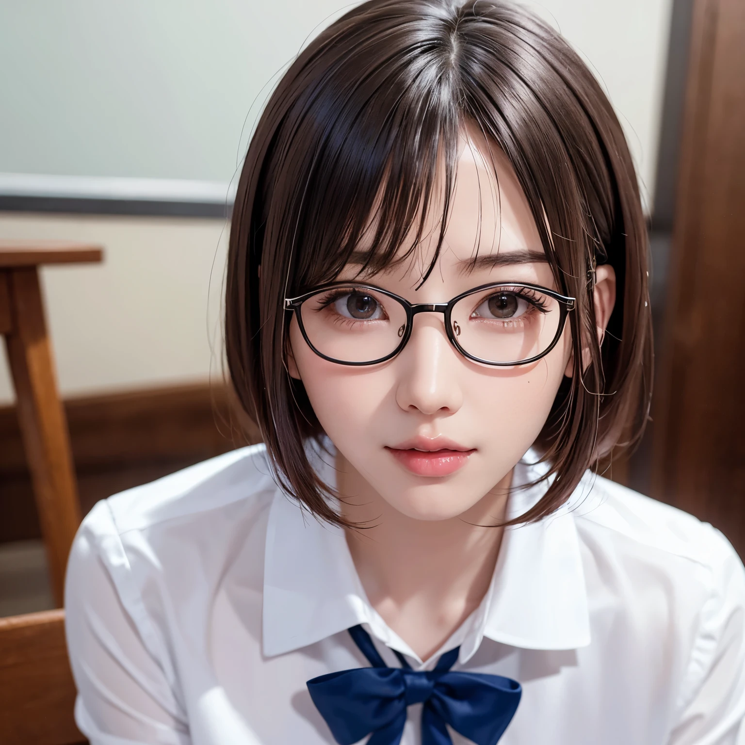 (highest quality、table top、8K、best image quality、Award-winning work)、1 personの可愛い女子高生、1 person、alone、、close up of face、glossy lipstick、Shiny, ultra-high detail lips、 alone、The most realistic、Hyper-detailed depiction、detailed face、close up of face、Shining ultra-high definition skin、white high school uniform shirt made of polyester、The most natural real high school uniform、beginner girl、look at me、Premonition of romantic love、Moist and sparkling eyes、uniform ribbon on chest、straight short hair、Beautiful smooth berry short hair、The most detailed super high detail short hair、(Classy glasses:1.1)、The background is refreshing colors and the scenery of youth.、outside background、look at me恥ずかしい微笑み、cute smile、(close up of face:1.3)、Super high-definition sparkling eyes、ultra high definition hair、ultra high resolution glossy lips、Super high resolution perfect teeth、Super high resolution cute face