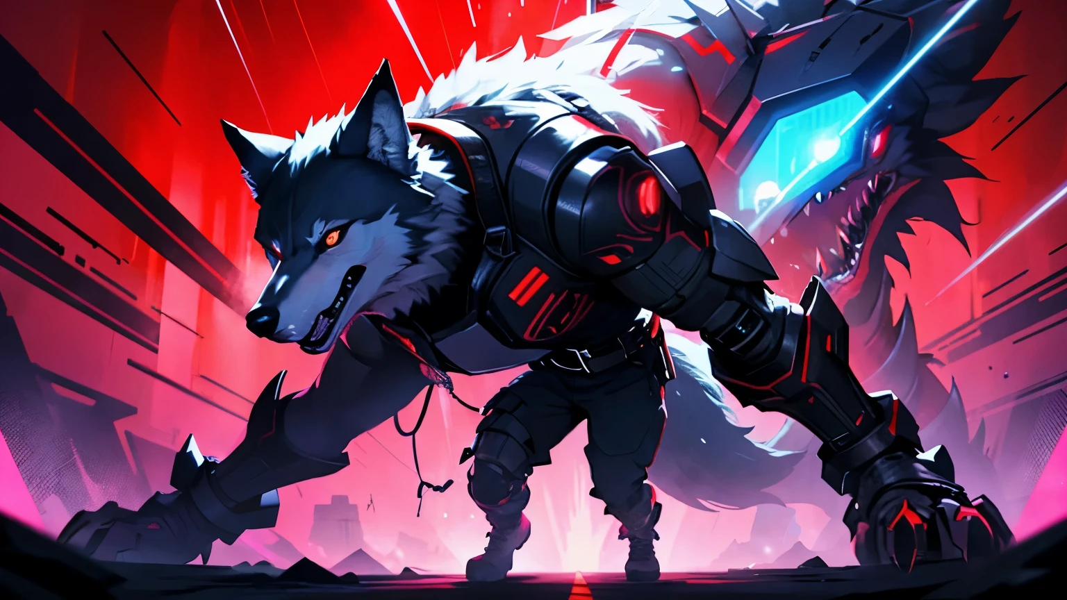 Wolf,front,cyber punk,red background,expressive,laser hologram,monster,Wolf Man,Attacks