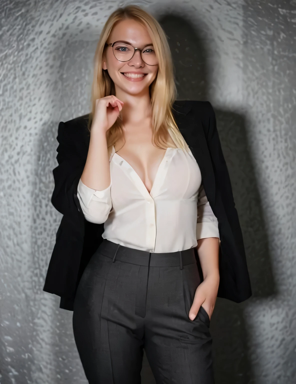 beautiful blonde, with loose hair, wear a nice suit, Full Length, To wear glasses, with huge size 5 breasts, smiling, Mouth open, looking