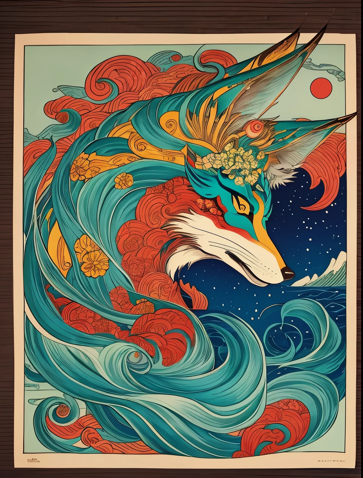 Hand-drawn style Ukiyo-e style Gold and dark green color scheme Divine beast wolf Sun and sea background Cherry blossom emblem