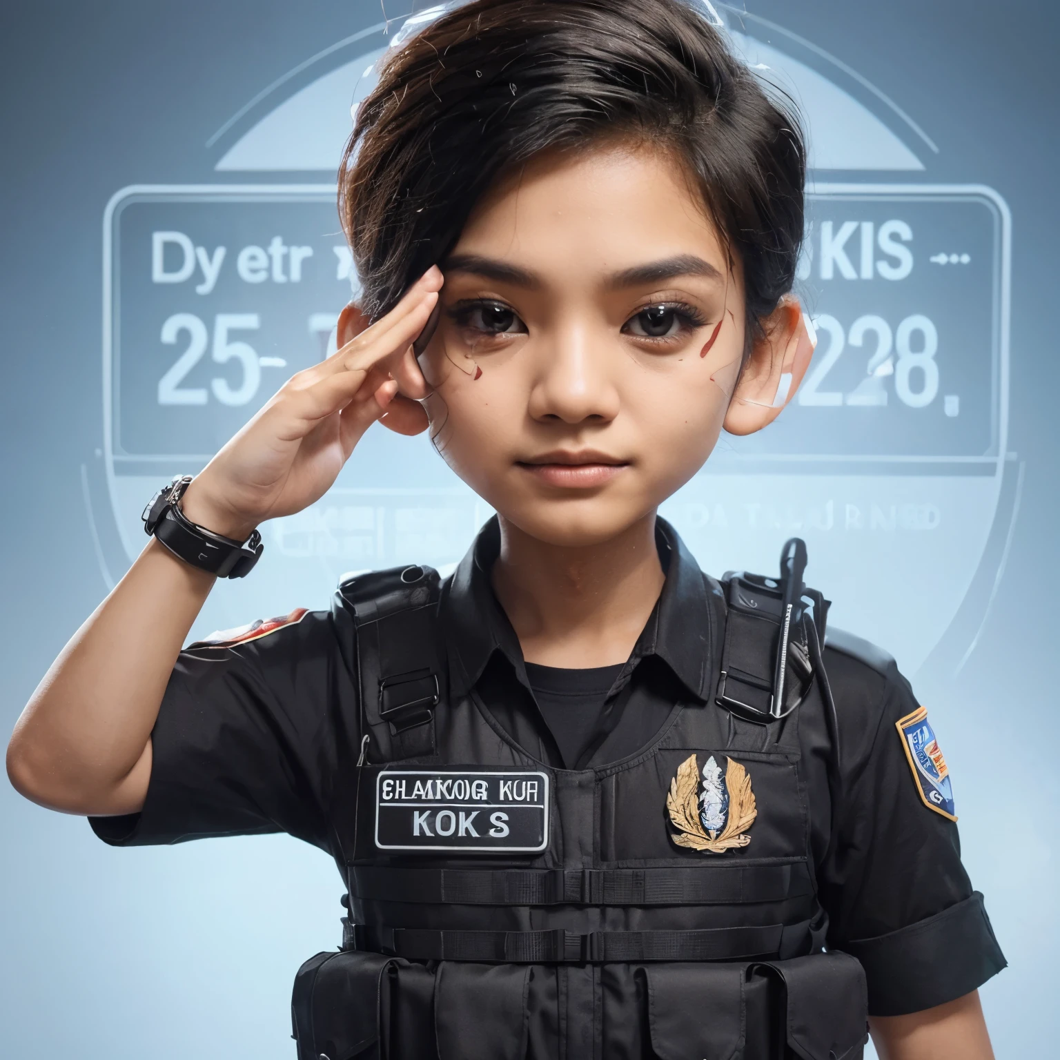 make a studio photo of 1 man
Indonesia, they are wearing cream uniforms with the words "KTS", black background with black smoke effect, 16K UHD