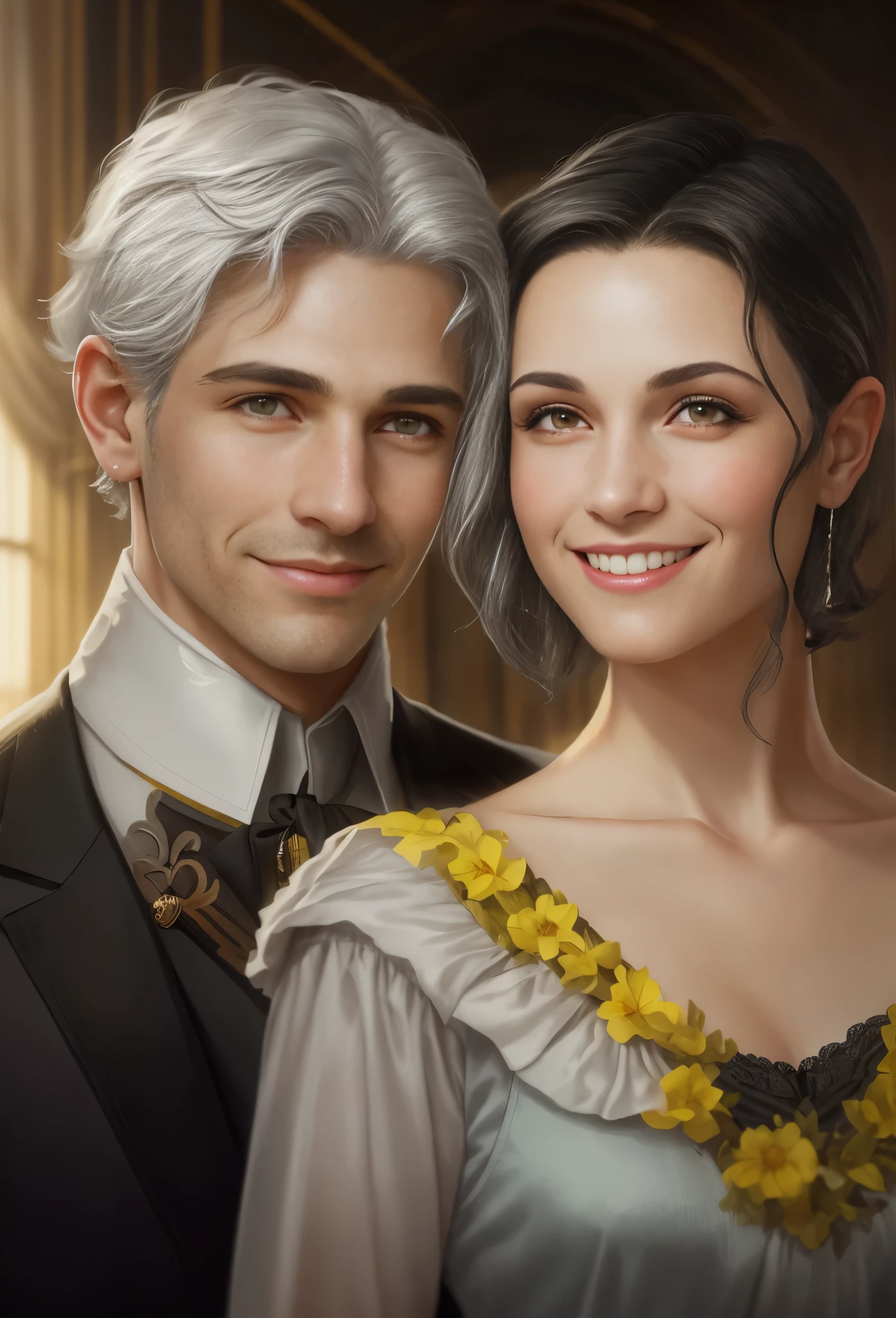 High resolution, portrait, boy and girl with dark hair, 38 years old, light gray hair, short haircut, yellow eyes, smile, crown, portrait, ballroom in the background, realism, fantasy