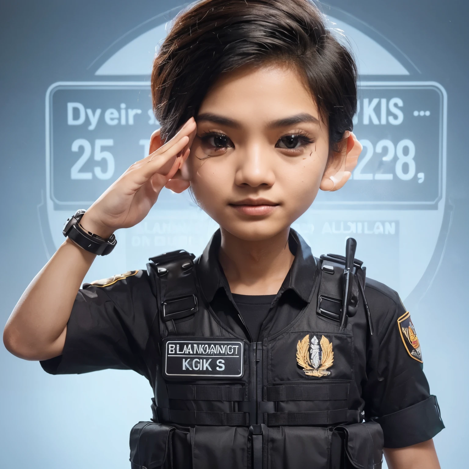 make a studio photo of 1 man
Indonesia, they are wearing cream uniforms with the words "KTS", black background with black smoke effect, 16K UHD