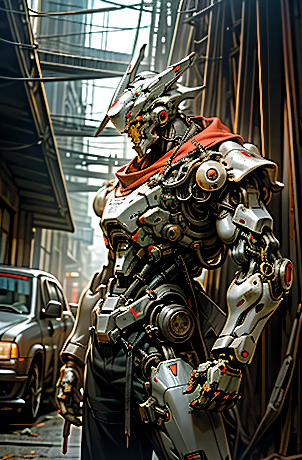 Dark_Fantasy,Cyberpunk,(chain saw,chain saw man,Red:1.1),1man,Mechanical marvel,Robotic presence,Cybernetic guardian, wearing a worn-out mech suit, intricate, (steel metal [rusty]), elegant, clear focus, shot by greg rutkowski, soft lighting, vibrant colors, masterpiece, ((street)), cowboy shot, dynamic pose,