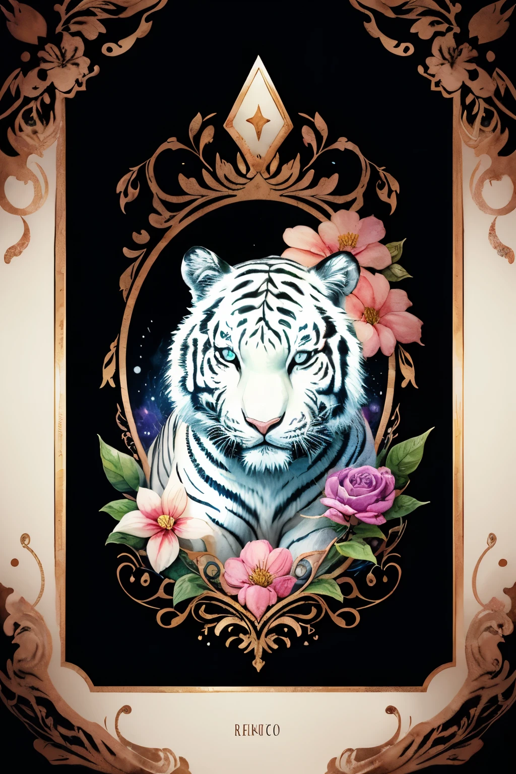 ((animal,watercolor painting,the white tiger,White Tiger)),blue eyes, colorful flower art,front view, action shot, Bright colors, high detail, logo design, Neo-Traditional Tattoo Styles, 2D, planar vector, Character Design, fantasy art, watercolor paintingのテクニック,watercolor effect, Watercolor abstract, glitter effect,colorful, Gentle water droplets floating on the petals,moon, star, like a tarot card,shine,digital painting, pop,fancy, sticker