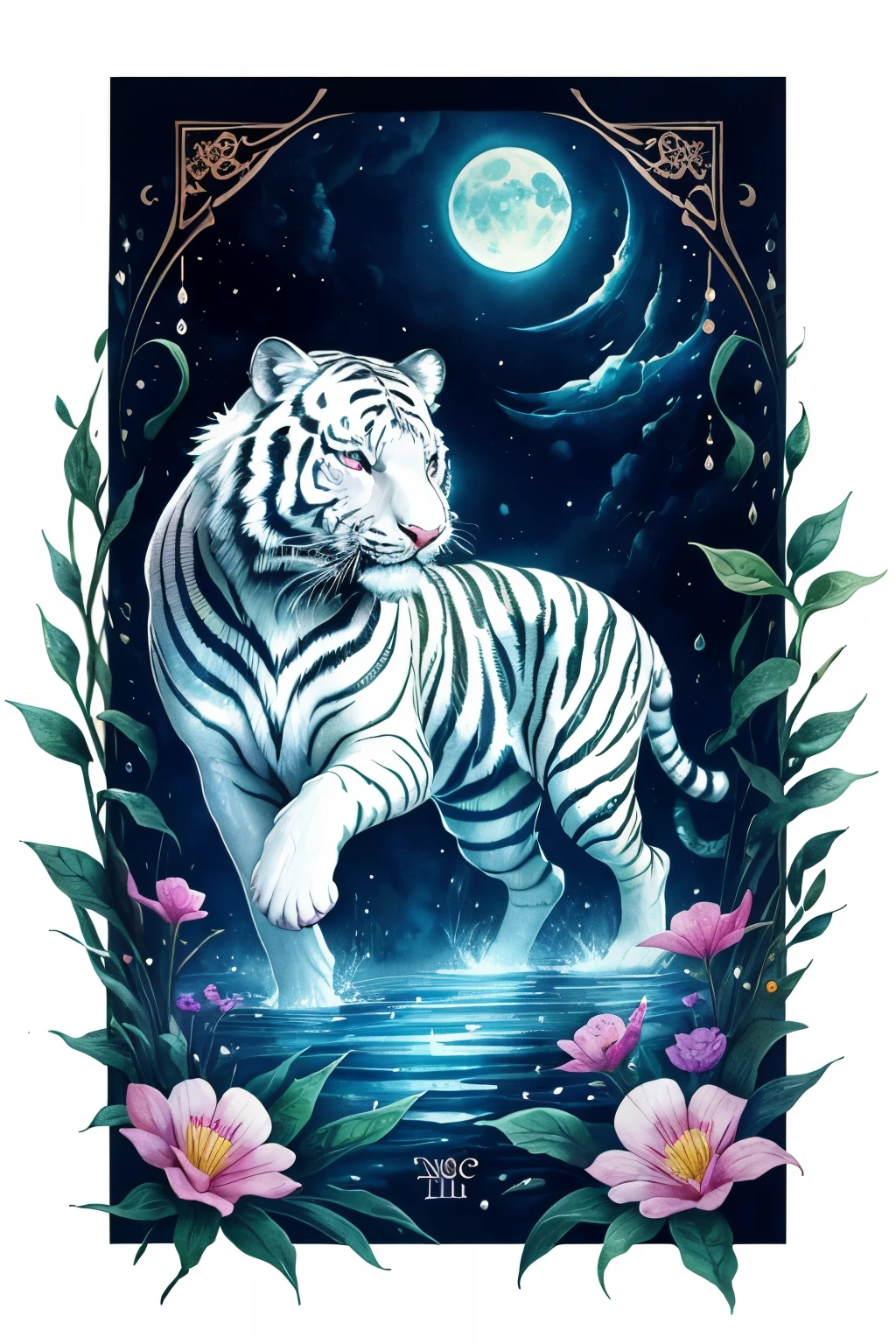 ((animal,watercolor painting,the white tiger,White Tiger)),blue eyes, colorful flower art,front view, action shot, Bright colors, high detail, logo design, Neo-Traditional Tattoo Styles, 2D, planar vector, Character Design, fantasy art, watercolor paintingのテクニック,watercolor effect, Watercolor abstract, glitter effect,colorful, Gentle water droplets floating on the petals,moon, star, like a tarot card,shine,digital painting, pop,fancy, sticker