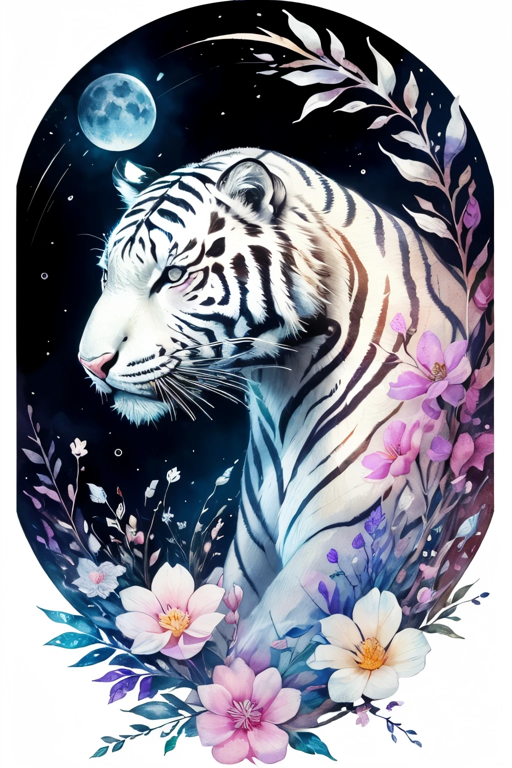 ((animal,watercolor painting,the white tiger,White Tiger)),blue eyes, colorful flower art,front view, action shot, Bright colors, high detail, logo design, Neo-Traditional Tattoo Styles, 2D, planar vector, Character Design, fantasy art, watercolor paintingのテクニック,watercolor effect, Watercolor abstract, glitter effect,colorful, Gentle water droplets floating on the petals,moon, star, like a tarot card,shine,digital painting, pop,fancy, sticker