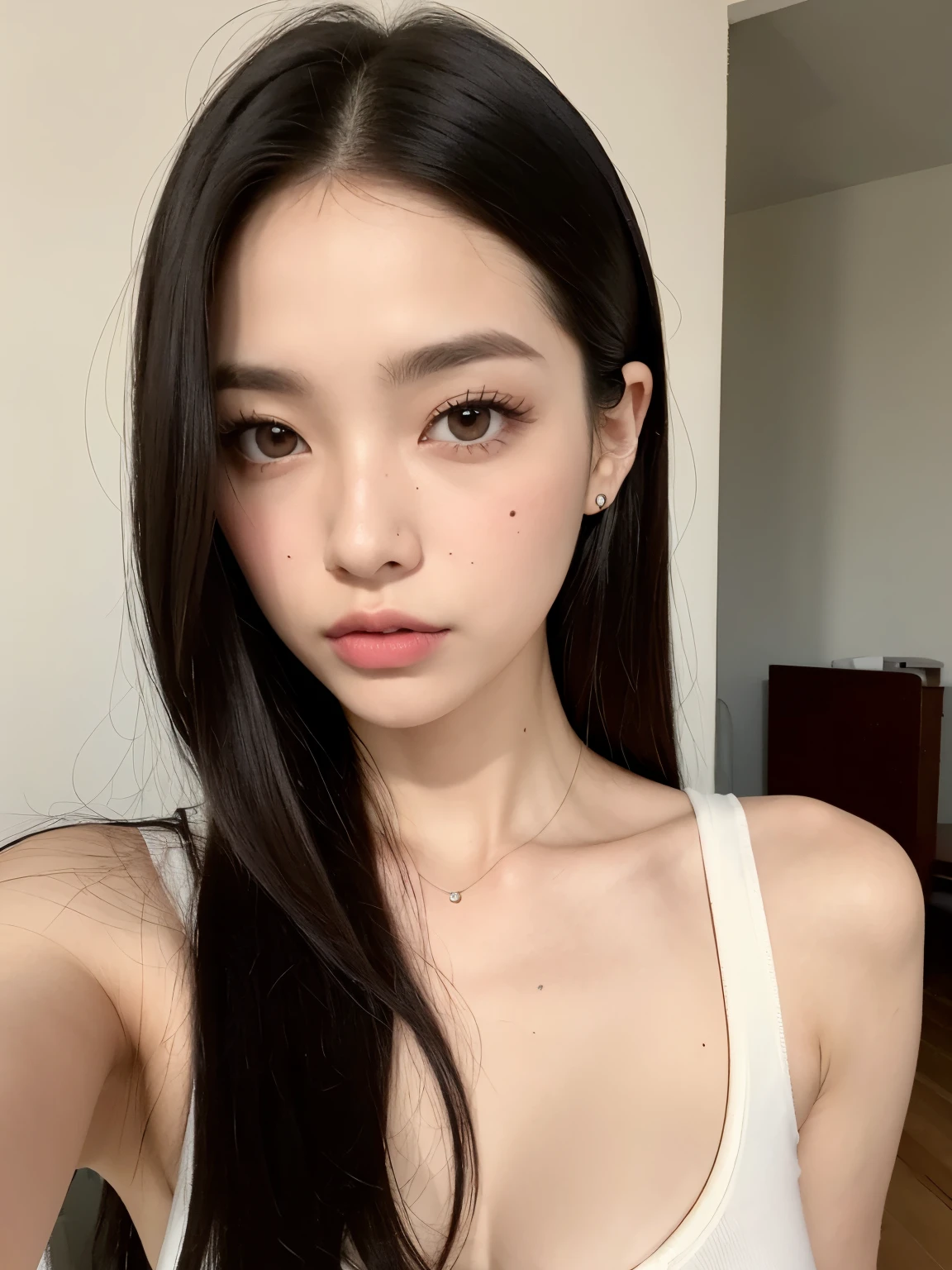 Kim Jennie de blackpink con el cabello rubio claro, cabello rubio con ondulado, cabello de color rubio ondulado, with small fringe, ojos color negro, nariz respingada y bonita, labios gruesos, cupid and heart shaped lips, labios rosas, pale and white skin, piel bonita y suave, con pecas y lunares, cejas bonitas, marked and beautiful collarbone, mientras tiene un polo con rosas color rojo tinto, rojo oscuro, con ropa interior femenina, abdomen delgado y bonito, escote desnudo, (pechos grandes, pechos suaves, pechos naturales, escote desnudo), mientras agarra una rosa,  looking to the camera, selfie