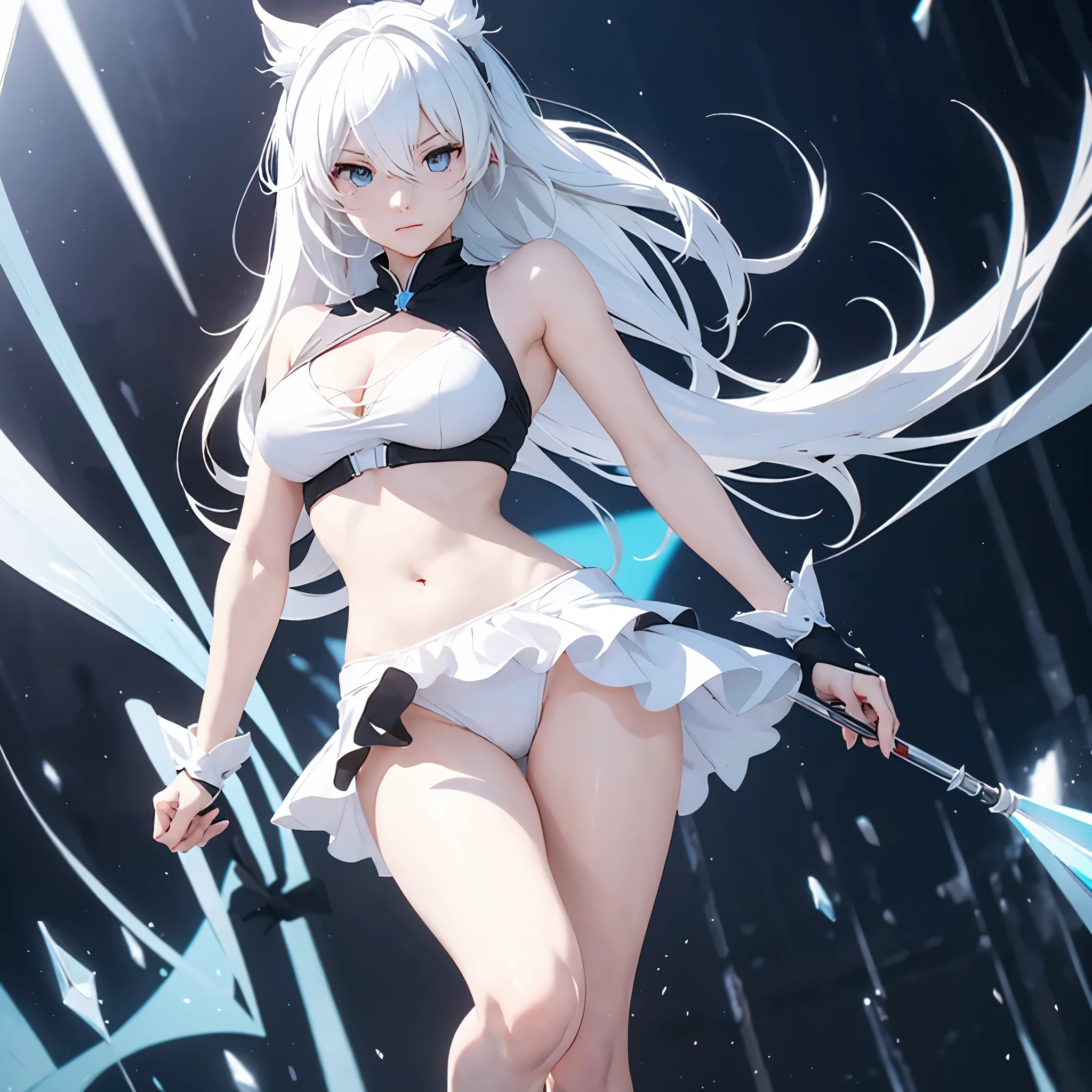 Create an image of Weiss schnee character from the RWBY series wearing a two-piece swimsuit, no olvides su cicatriz de la cara, mostrando cuerpo completo, sin calzado