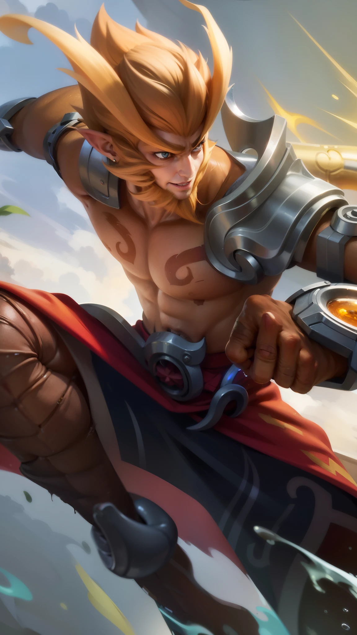 masculine male, masterpiece, ((perfect eyes)) best quality, (semirealism:1.9), beautiful lighting, (extremely detailed CG unity 4k fhd wallpaper), High Detail, Sharp focus, dramatic outdoors,40 years old, brown short hair, blue eyes, smile, Boy with two big horns, big earrings on ears, elf ear, red eyes, Thick eyebrows, evil smile, grinning,red body, red face, Burning skin, yellow diamonds glistening on chest, burning red skin,golden robe behind, big white belt , 8k , realistic, scary.
