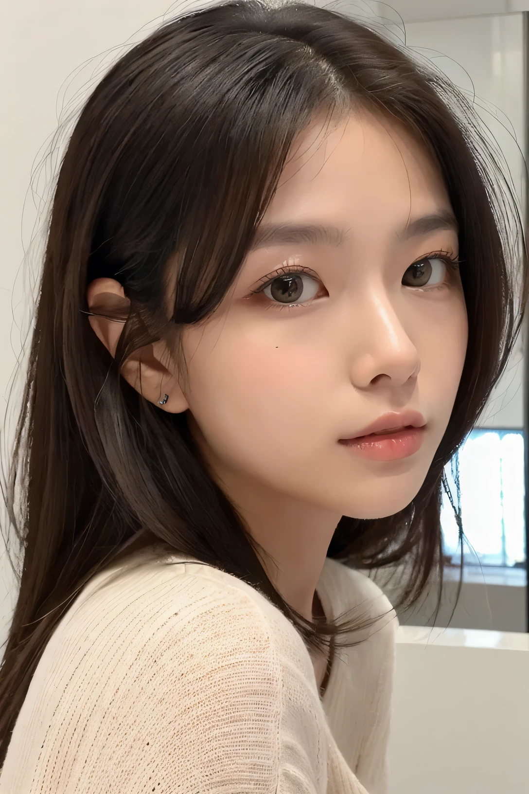 woman, super detailed face, droopy eyes, double eyelid, long hair、No bangs、clear eyes、knit sweater、Glossy skin, small head、whole body