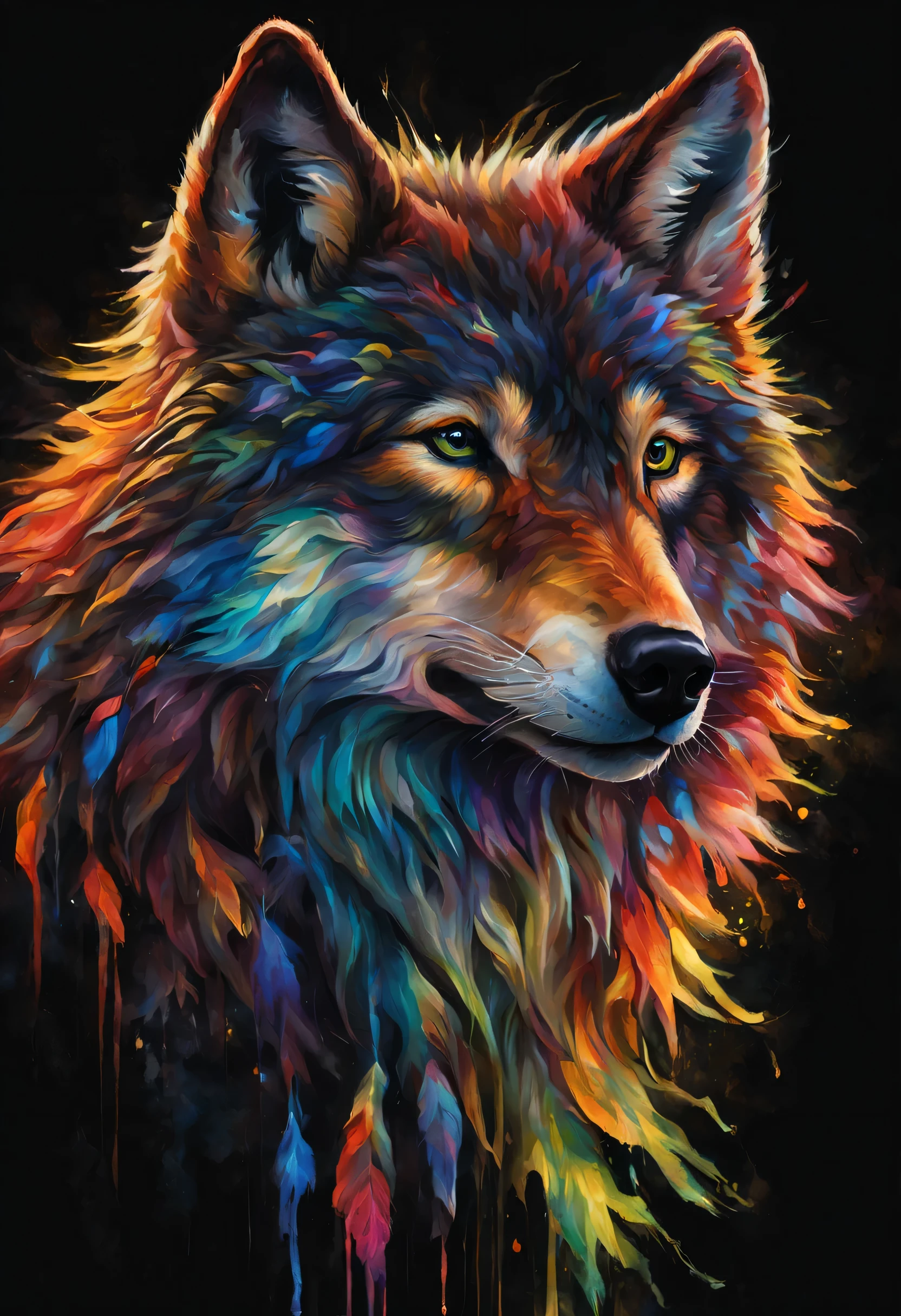 A painting of a colorful wolf on a black background,, breathtaking rendering, dans une connexion rayonnante, inspired by Kinuko Y. Trade,, Magical elements, Kitten icon, pleurage, est magnifique, lancer un sort multicolore, Flash lumineux, Flash, sans signature