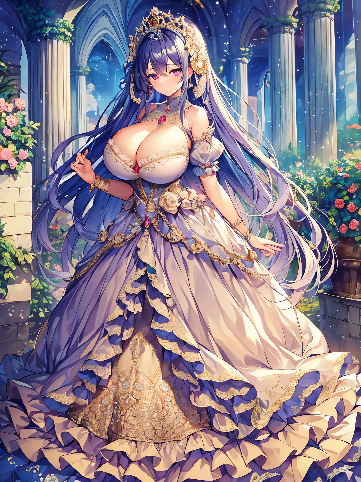 anime artstyle,Masterpiece,Best Quality,Super Detail,((Very Delicate and Beautiful)),(((1 princess in beautiful embroidery and jeweled gorgeous rococo ballgown with voluminous hoop skirt))),((Solo)),((winter garden with snow,sonw,sky)),((outdoor)),(((full body))),(very gigantic tits,cleavage:1.7),((gigantic tits,cleavage,sagging tits)),skindentation,(detailed face and eyes),jewel-like eyes,((extremely voluminous straight Hair,Extremely Long Straight Hair)),((gorgeousfull embroidery and lace,beautiful embroidery and jeweled)),Gorgeous Gemstone Jewelry,gorgeous corsage,((gorgeous hair ornament,glitter jeweled gorgeous big tiara)),((full body)),((beautiful embroidery and jeweled gorgeous rococo ballgown with voluminous hoop skirt)),(crinoline),((winter garden with snow,sonw,snowflake,outdoor,sky)),Looking at viewer,dynamic angle,(((beautiful embroidery and jeweled gorgeous rococo ballgown with voluminous hoop skirt))),(gorgeous rococo ballgown),(full body)