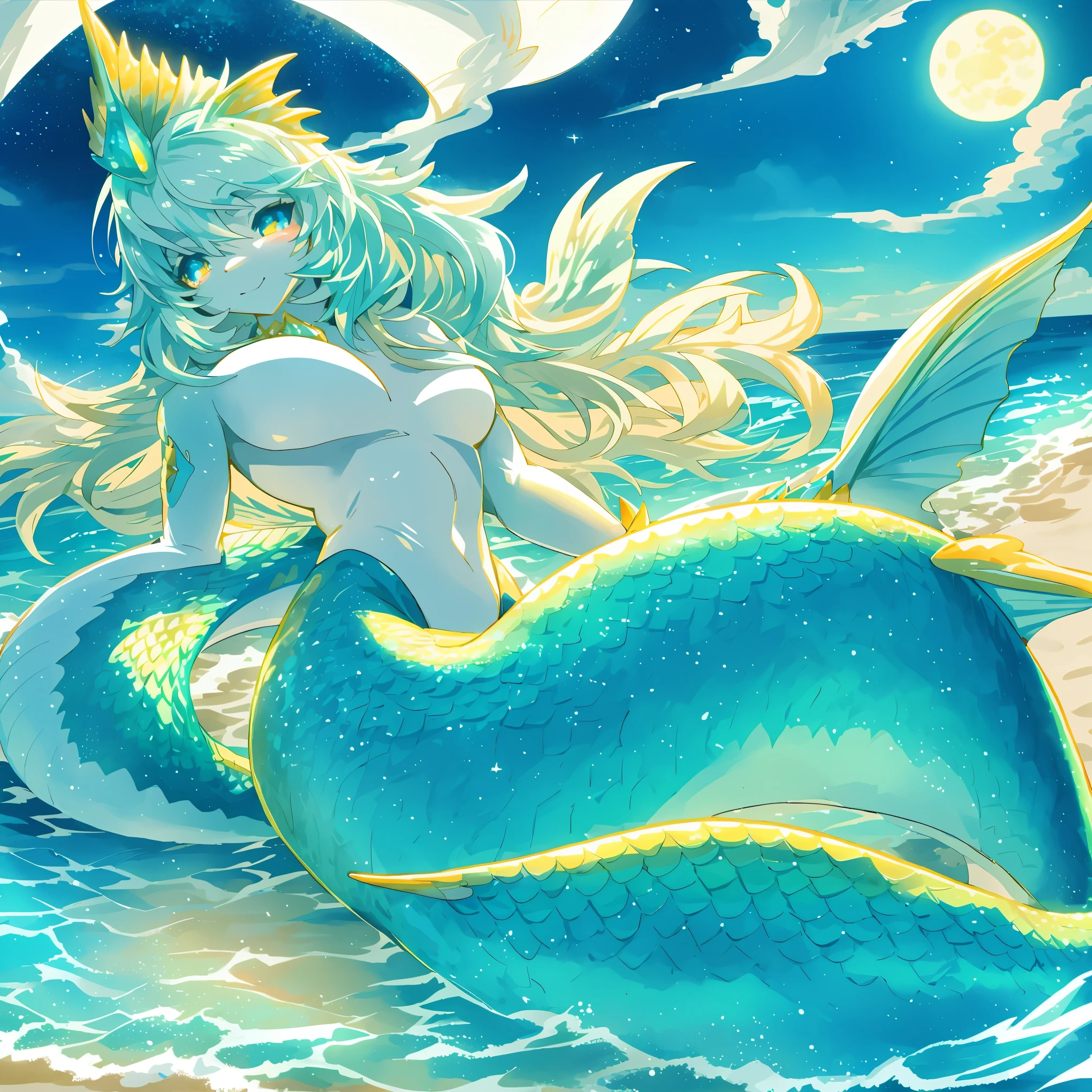 On a moonlit night, furry anthro, kemono, mermaid, a beautiful woman with bright shining scales on her skin dances gracefully on a white sandy beach Her beautiful face and brightly colored shining eyes The sea and the woman's scales shining faintly in the moonlight. Detailed drawing Vivid colors High image quality,