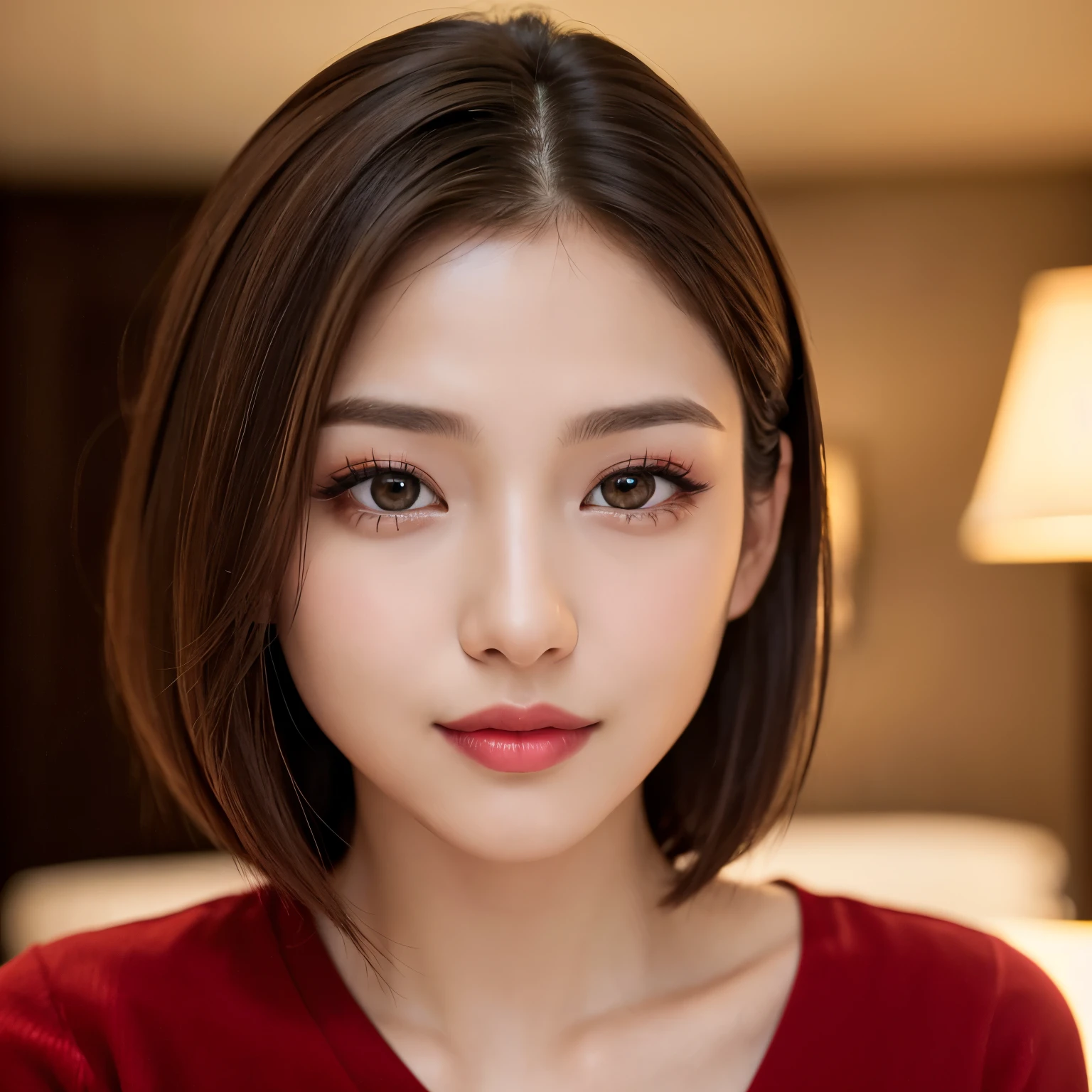 (highest quality、table top、8K、best image quality、Award-winning work)、(1 young girl, :1.3)、(Perfect V-neck red long knit sweater:1.2)、(red eyeshadow:1.2)、perfect makeup、long eyelashes、Super high-definition sparkling eyes、ultra high definition hair、ultra high resolution glossy lips、Super high resolution perfect teeth、Super high resolution cute face、brown hair、(very short straight hair:1.1)、look at me and smile、[clavicle]、accurate anatomy、(close up of face:1.5)、Luxury love hotel、(The most moody warm lighting:1.2)、blurred background