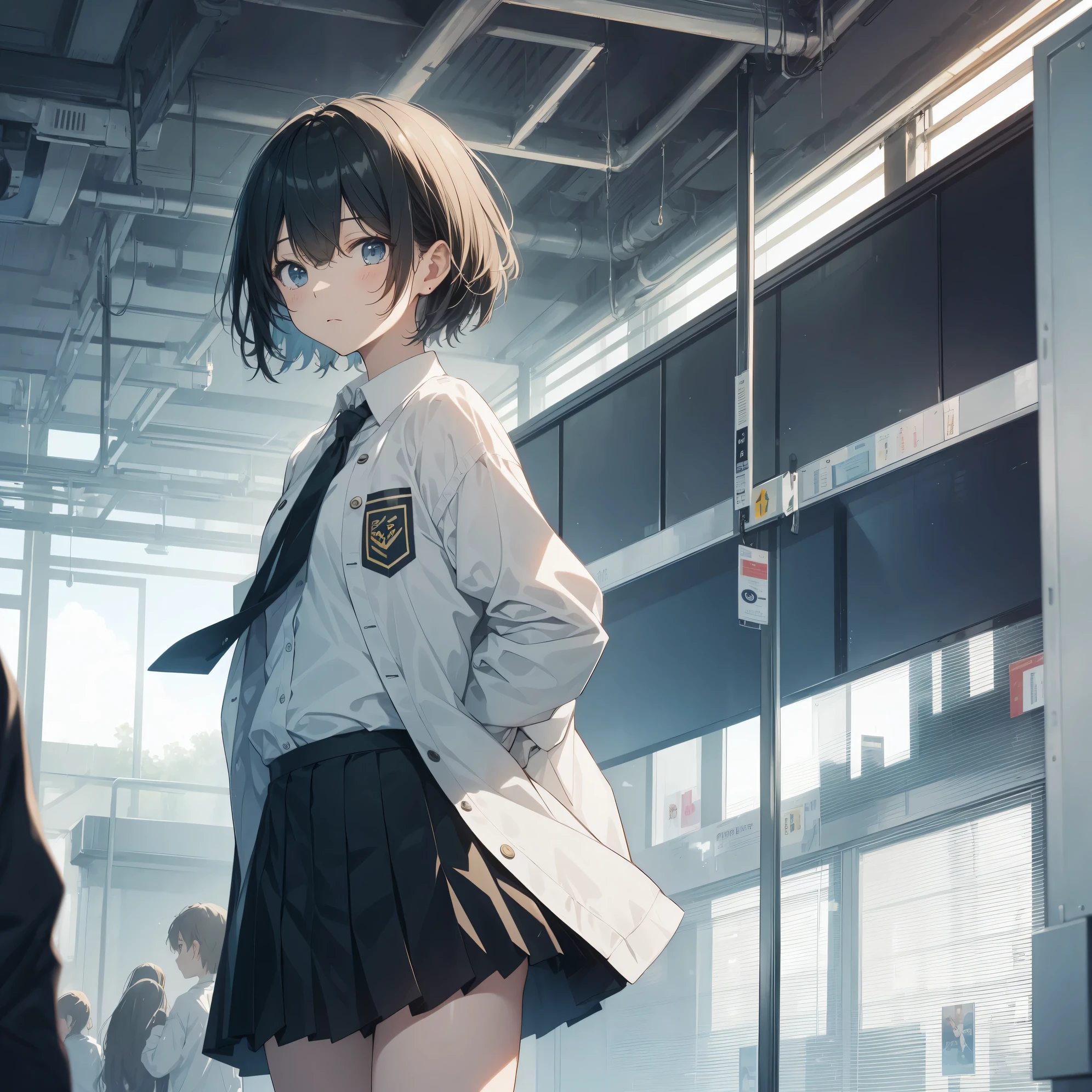 Super high quality by the art god, super detailed, High resolution, anime moe art style, best anime 8K konachan wallpaper, pixiv contest winner, perfect anatomy, break,(眠そうにalone学校へ行く女の子を描いてください. )break, 1 girl, (alone,little woman, lolita, , 13 years old:1.3),All limbs, full finger,, The charm of an immature body, (very short hair), flat chest, small ass, between legs, Small black eyes, beautiful and fine eyes, Well-proportioned iris and pupils, expressive eyes,  High resolutionの詳細な髪, skirt, collared shirt, neck ribbon, pleated skirt, school uniform, shirt, white shirt, (detailed lighting), (detailed background), On the way to school. break,super dense skin, Best lighting by famous artists, 8K, figure,UHD, rough skin