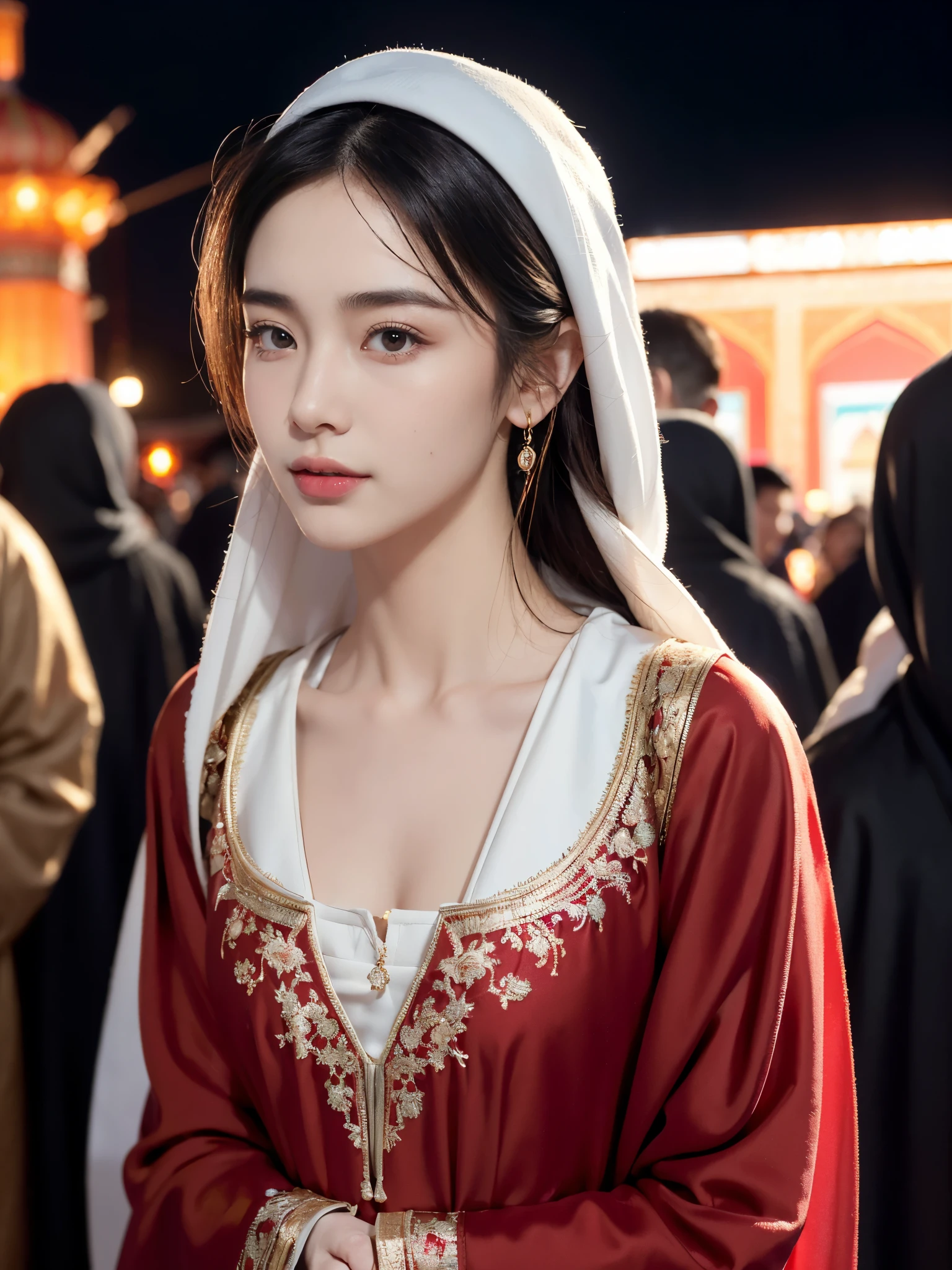 ((((8k))),((Extremely meticulous CG)) ,(wallpaper),16k,((Extremely refined and beautiful)),(((Masterpiece))),(((best qualtiy))),(((Ultra High Resolution))),beautiful light up,Perfect lightning,realistic shaded,Rembrandt lighting,(bright light:1.3),(neon lights:1.2),cinematic atomosphere,(Smooth and flawless fair skin:1.5),(pale skin:1.3),Extremely exquisite facial details,(perfect body:1.1),ultra-detailed,(A beautiful Uyghur girl:1.2),solo,(small head:1.2),(Uyghur dreadlocks:1.1),(small face:1.2),Exquisite makeup,(small breasts:1.2),(flat chests:1.2),(slim,thin),(happy:1.2),(smile:1.2),(maxi gorgeous Exquisitely embroidered Red abaya:1.5),outdoor,(night scene:1.5),(Standing:1.3),(arms behind back:1.3),(In front of the majestic Mosque:1.5),(On the square:1.2),(In Kashgar:1.2),(detailed background:1.5),(close-up of face:1.3),(from front:1.3),(Surrounded by crowded crowds:1.5),(winter:1.2)