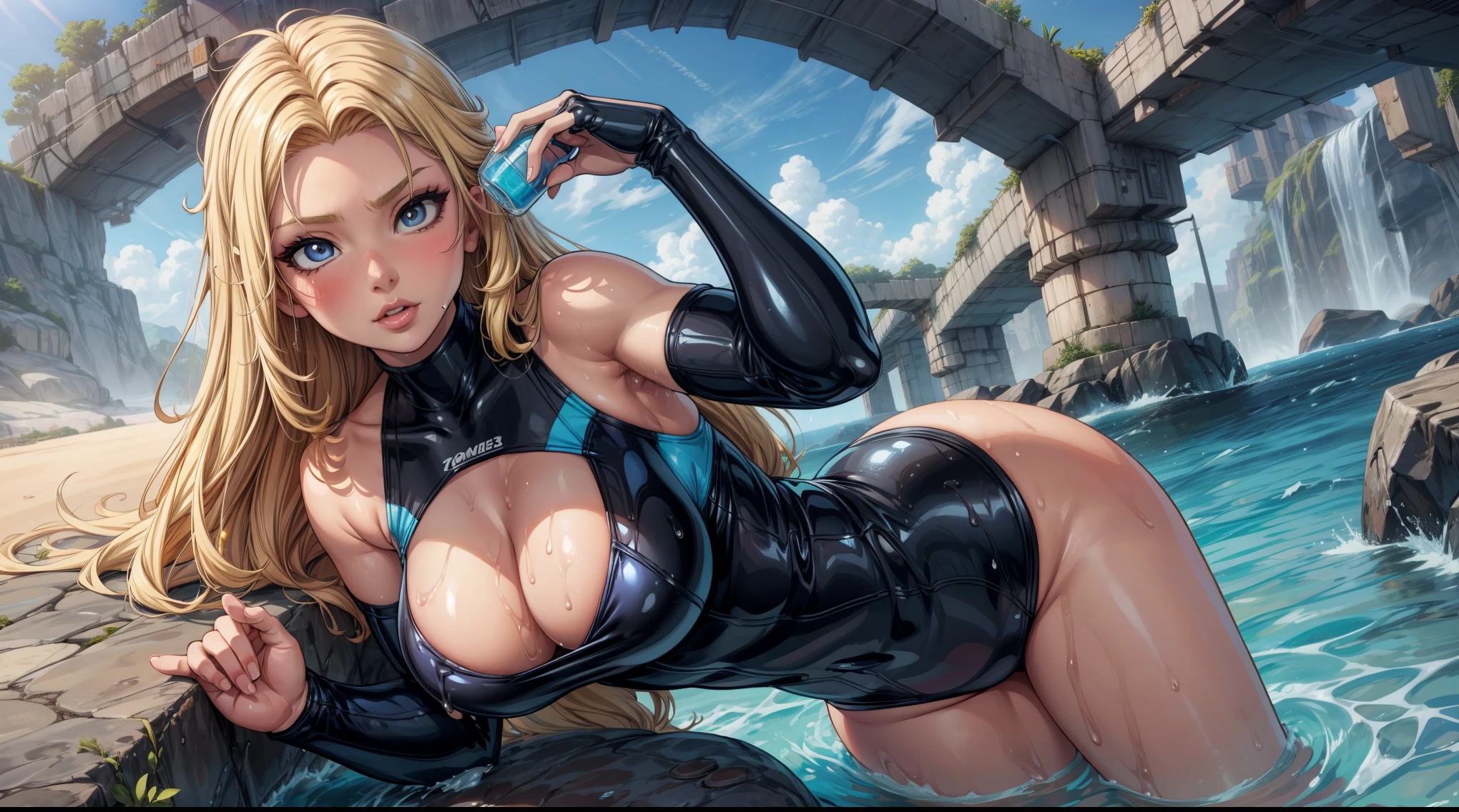 anime girl in a wetsuit holding a drink and posing, extremely detailed artgerm, cutesexyrobutts, with a drink, seductive anime girl, thicc, a human-like juicy peach, blonde goddess, trending on cgstation, :: rossdraws, wet swimsuit, swimsuit, ig model | artgerm, anime girl drinks energy drink