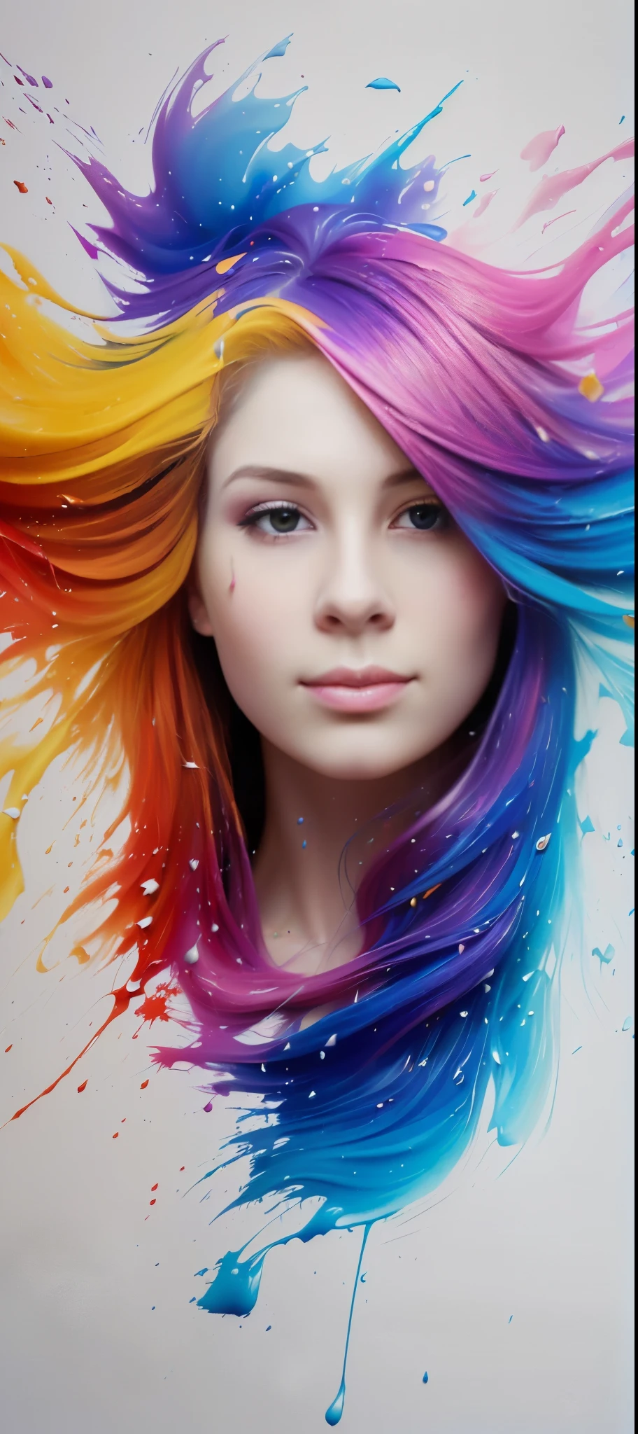 (level difference: 1.8),(Painting colliding and splashing on canvas),(depth of field),1the girl's side face blends into it,(side face),open mouth,(rainbow hair liquid paint:1.1) made of paint and defies gravity, thick flow, (ink splashes: 1.3), liquid state, gorgeous, masterpiece, detailed background, high quality model,  Ethereal background, abstract beauty, explosive volume, oil painting, heavy brushstrokes, romantic lighting, sub-surface Scattering, lens 135mm, f1.8, brightness, 8k, high resolution, dreamy, ray tracing, hdr, divine rays, white background, t-shirt design, centered