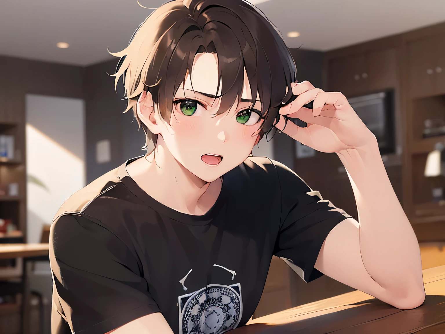 Breaking a sweat on forehead, masterpiece、(25 year old male with short brown hair and green eyes:1.5), wearing a black T-shirt、surprised, Alone、The background is the living room、Only the upper body is shown