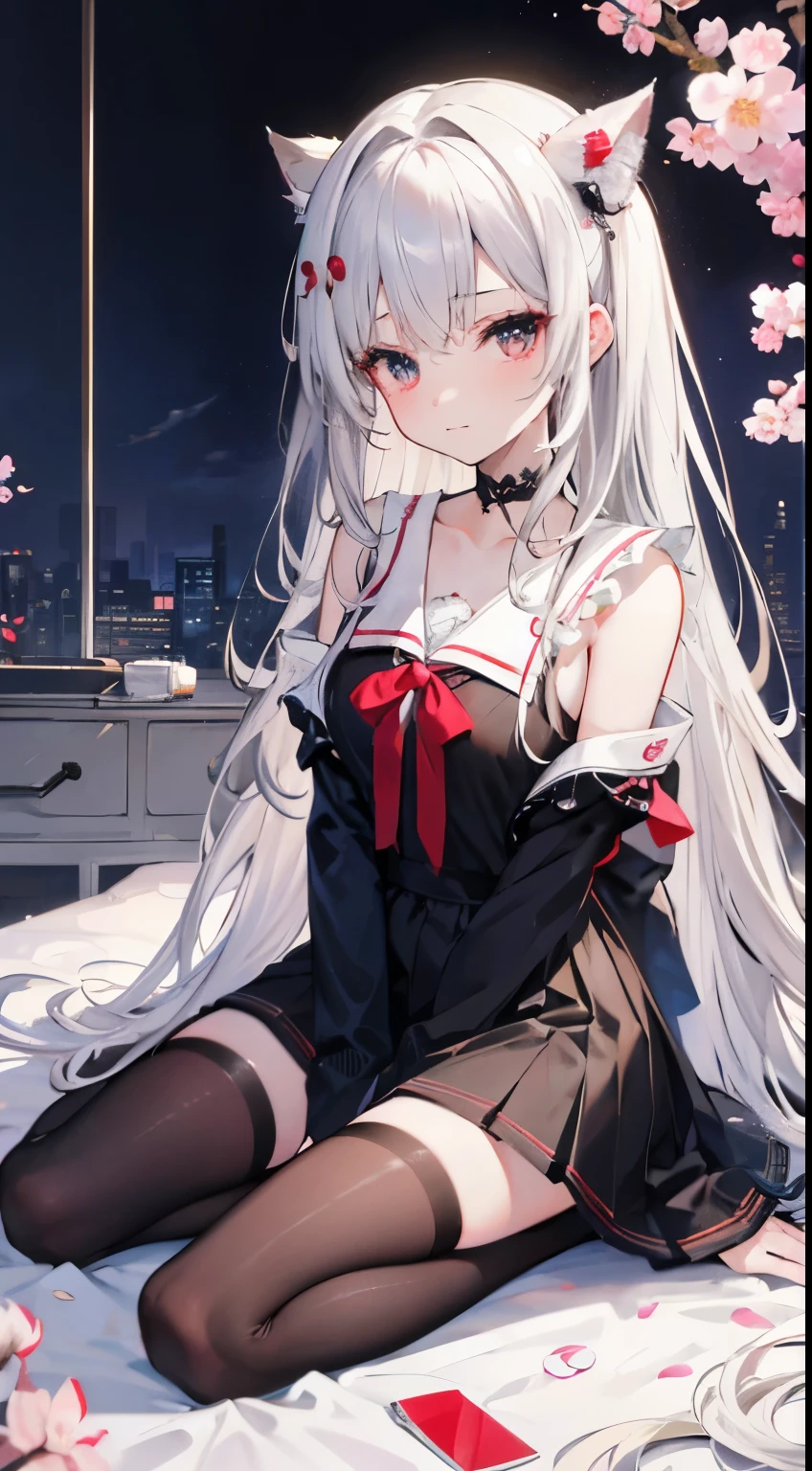 Super-detailed, masterpiece, top quality, mood light, low light source, smile, looking at you, shy, very long hair, black coloured hair, brown hair, white coloured hair, silver hair, golden hair, wet, taking a shower, sitting, legs bent over chest
Long silvery-white hair, hair curtain slightly curled in the middle, red-coloured eyes, combing hair with hands, D-cup girl, cat's hair card, blue and white sailor suit, sad expression, white-eyed, cherry blossoms falling
Socks, black silk, black tights, choker necklace, hair band, floral hair ornament, bowknot, landscape, falling cherry blossoms, detailed background, flying butterfly, dreaming forest, spa