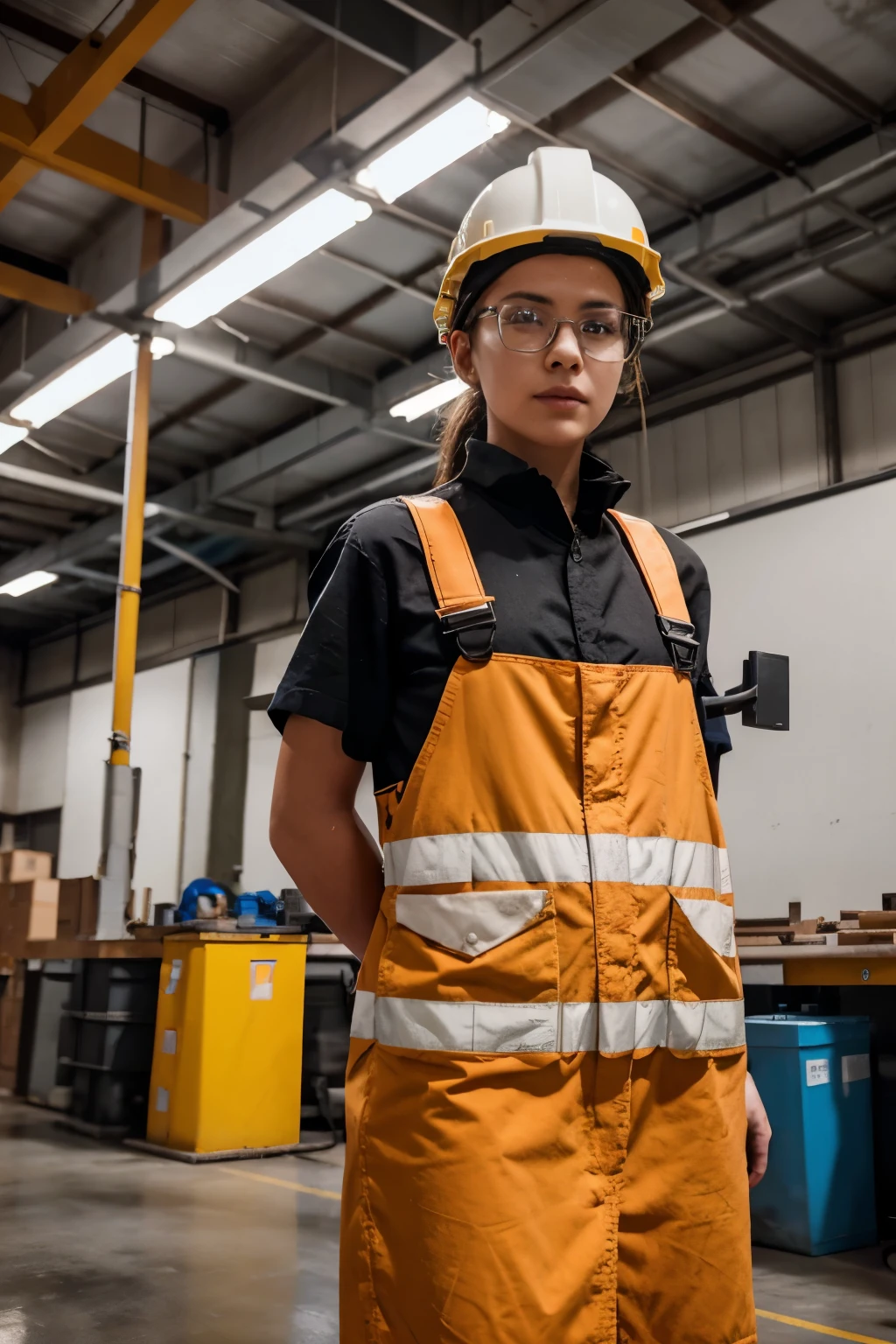 A girl in a factory wearing safety glasses, working in a well-lit and clean environment. She is wearing a protective helmet and a high visibility vest. The factory floor is organized and filled with modern machinery. The machines are producing goods with precision and efficiency. The girl is focused and attentive to her work, ensuring workplace safety at every step. The safety glasses she's wearing are clear, allowing her to see her surroundings and perform her tasks effectively. The factory is equipped with state-of-the-art safety measures, such as emergency exits, fire extinguishers, and safety signs. The overall atmosphere is professional and safety-oriented. [Industrial] [Precision manufacturing] [Efficiency] [Modern machinery] [Focused worker] [Well-lit environment] [Safety helmet] [High visibility vest] [Emergency exits] [Fire extinguishers] [Safety signs] [Clean workplace] [Clear safety glasses] [Proper safety procedures] [Organized factory floor] [Professional atmosphere] [Attention to detail] [Accurate production] [Safety-conscious environment] [Safe work practices] [Maximum safety measures] (best quality,4k,8k,highres,masterpiece:1.2),ultra-detailed,(realistic,photorealistic,photo-realistic:1.37),vivid colors, studio lighting