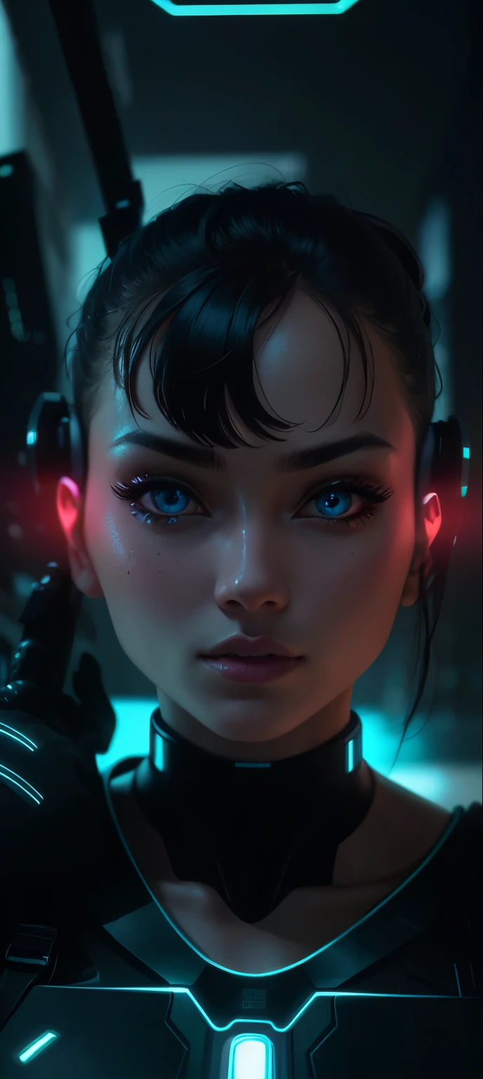 A girl with cybernetic enhancements, glowing eyes, metallic skin, and bio-electric tattoos, standing in a futuristic cyberpunk cityscape, surrounded by neon lights and hovering drones. She is wearing a sleek black bodysuit and her pose conveys power and confidence. The artwork is rendered in a highly detailed digital medium, capturing every intricate detail of the cybernetic enhancements and the reflective surfaces of the city buildings. The colors are vibrant and saturated, embodying the neon-lit atmosphere of the cyberpunk genre. The lighting is dynamic and dramatic, with strong contrast and deep shadows, emphasizing the futuristic and mysterious ambiance. The image quality is of the highest resolution, allowing for ultra-realistic rendering and precise attention to detail. The prompt also includes tags like "(best quality,4k,8k,highres,masterpiece:1.2),ultra-detailed,(realistic,photorealistic,photo-realistic:1.37)", ensuring the generation of a high-quality and visually stunning artwork.