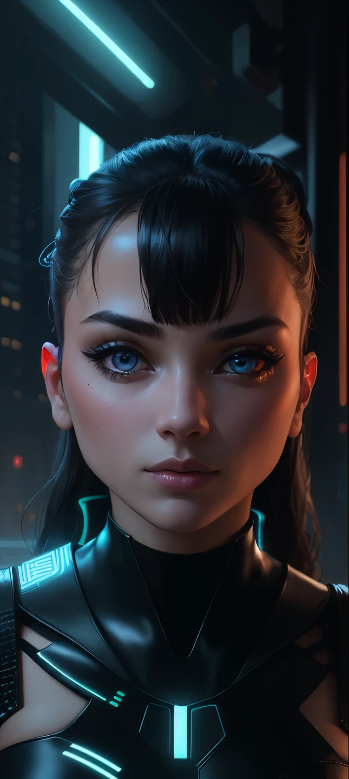 A girl with cybernetic enhancements, glowing eyes, metallic skin, and bio-electric tattoos, standing in a futuristic cyberpunk cityscape, surrounded by neon lights and hovering drones. She is wearing a sleek black bodysuit and her pose conveys power and confidence. The artwork is rendered in a highly detailed digital medium, capturing every intricate detail of the cybernetic enhancements and the reflective surfaces of the city buildings. The colors are vibrant and saturated, embodying the neon-lit atmosphere of the cyberpunk genre. The lighting is dynamic and dramatic, with strong contrast and deep shadows, emphasizing the futuristic and mysterious ambiance. The image quality is of the highest resolution, allowing for ultra-realistic rendering and precise attention to detail. The prompt also includes tags like "(best quality,4k,8k,highres,masterpiece:1.2),ultra-detailed,(realistic,photorealistic,photo-realistic:1.37)", ensuring the generation of a high-quality and visually stunning artwork.