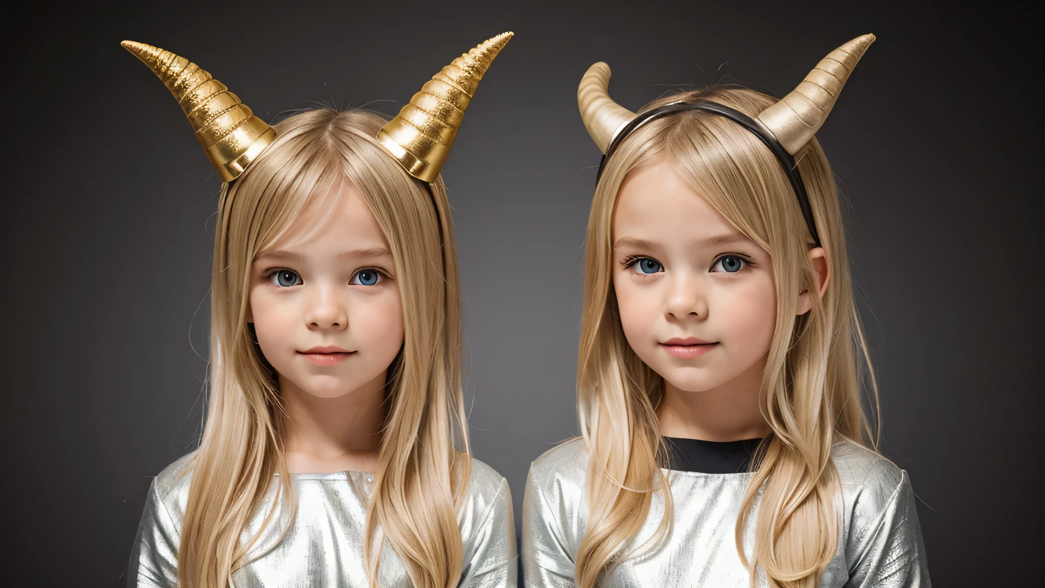 girl blonde kids horns, humanoid background icon, silver dress.