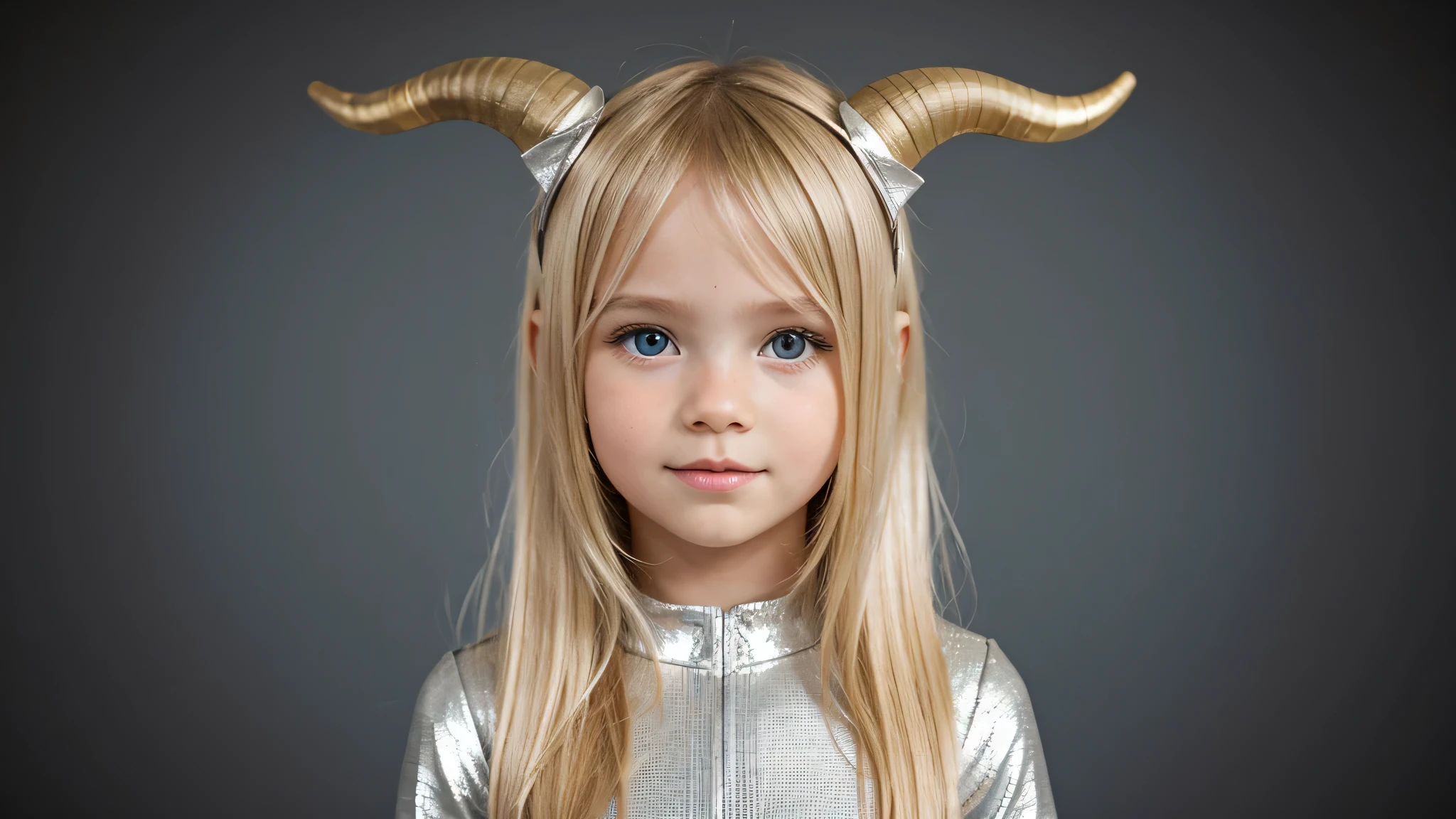girl blonde kids horns, humanoid background icon, silver dress.