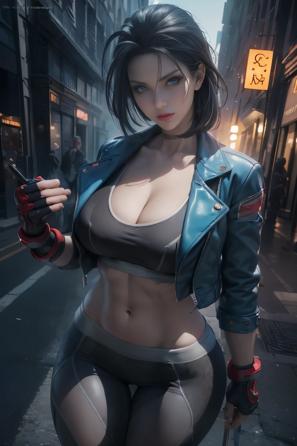 ((best quality, 8k, masterpiece: 1.3)), delicate eyes, double eyelids, (1 girl), (Left Face Scar), (28 years old, Sexy Mature), (Vest line, thin waist, buttocks), (blue jacket), ((big blue eyes, long eyelashes)), ((pout)), ((Firm nose)), (Realistic skin details), Detailed face, The best light, best shadow, edge lighting, Ray tracing, Unreal Engine, beautiful shiny hair, (((Dark gray pantyhose)))), muscular, (Leg muscle lines), neon lights, bustling street, High-rise buildings in the distance, night, NVIDIA RTX, super resolution, Unreal 5, subsurface scattering, PBR texture, post processing,Anisotropic filtering,depth of field,Maximum clarity and sharpness,multi-layer texture,Albedo and specular maps,surface coloring,Accurate simulation of light-material interaction,Perfect proportion,octane rendering,Two-tone lighting,Large aperture,Low ISO,white balance,rule of thirds,8k RAW,wearing black dress,anime girl,, 诱人的anime girl, 时尚的黑暗witch, 漂亮的witch, witch, 8k high quality detailed art,Spread your legs apart,Pregnant women squat,Kneel down
