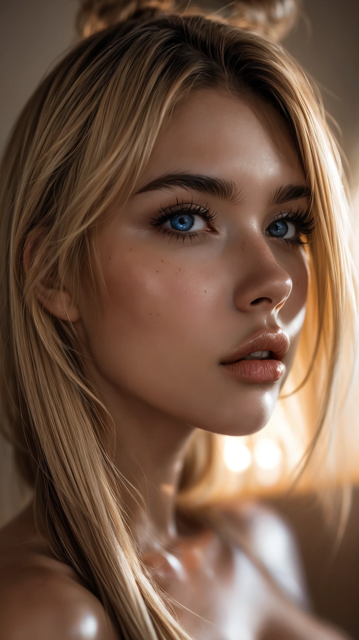 (((Ultra-realistic))), (artistic realization), (ultra-detailed face and eyes: 1.4), 1 girl, (blonde) , (naked) , (thick tousled hair), Detailed eyes, (large detailed lips) , makeup, (Natural breasts). (( many sakura flowers around,  close-up, close to the camera)), Dark atmosphere of the frame, (ultra detailed)