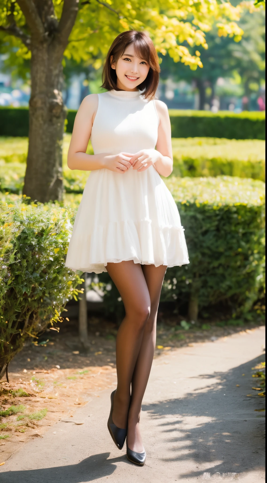ulzzang-6500-v1.1, (RAW photo:1.2), (Photoreal), beautiful details, (genuine: 1.4), A naive 33 year old wife、(Wearing a high neck knit dress that clearly shows off your body line)、(super realistic pantyhose:1.3)、thighs thighs thighs、walking in the park、Height: 156 cm, A little chubby body type、japanese model, short layered hair、laughter、smile、japanese girl, neat japanese woman, japanese goddess, innocence、huge file size, High resolution, very detailed, highest quality, [masterpiece:1.6], enlightenment, very detailed, nffsw, finely, highest quality, 8k wallpaper, movie lighting,  cute droopy eyes beautiful big eyes、((muste piece)), highest quality, 1 milf, eye shadow, portrait, (((full body shot:1.3)))、((とても愛情深いsmile:1.2))、((elegant brown hair:1.4)),((Short hairstyle:1.4)), 　shiny skin、exposed thighs!!!、