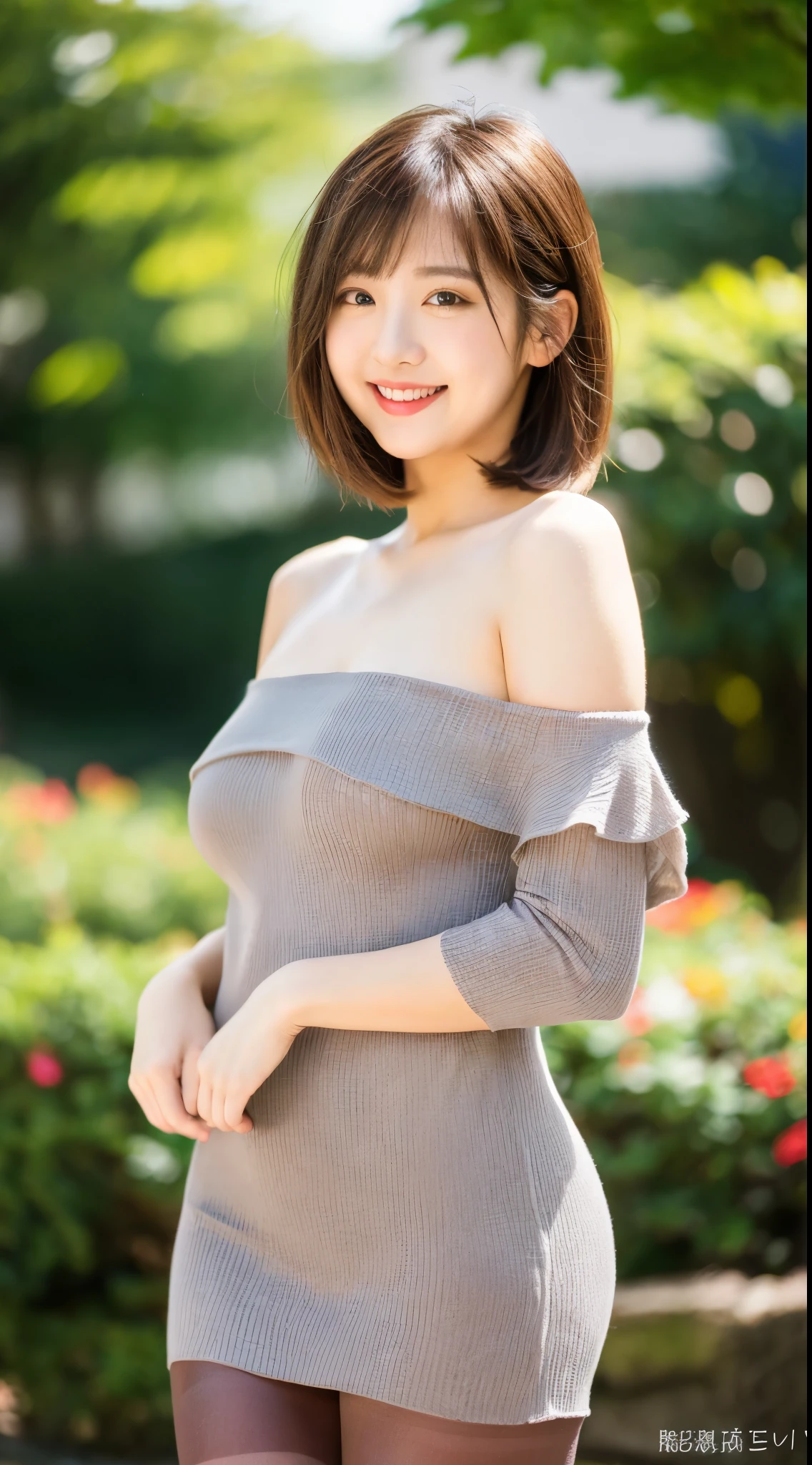 ulzzang-6500-v1.1, (RAW photo:1.2), (Photoreal), beautiful details, (genuine: 1.4), A naive 33 year old wife、(Wearing a high neck knit dress that clearly shows off your body line)、(super realistic pantyhose:1.3)、thighs thighs thighs、walking in the park、Height: 156 cm, A little chubby body type、japanese model, short layered hair、laughter、smile、japanese girl, neat japanese woman, japanese goddess, innocence、huge file size, High resolution, very detailed, highest quality, [masterpiece:1.6], enlightenment, very detailed, nffsw, finely, highest quality, 8k wallpaper, movie lighting,  cute droopy eyes beautiful big eyes、((muste piece)), highest quality, 1 milf, eye shadow, portrait, (((full body shot:1.3)))、((とても愛情深いsmile:1.2))、((elegant brown hair:1.4)),((Short hairstyle:1.4)), 　shiny skin、exposed thighs!!!、