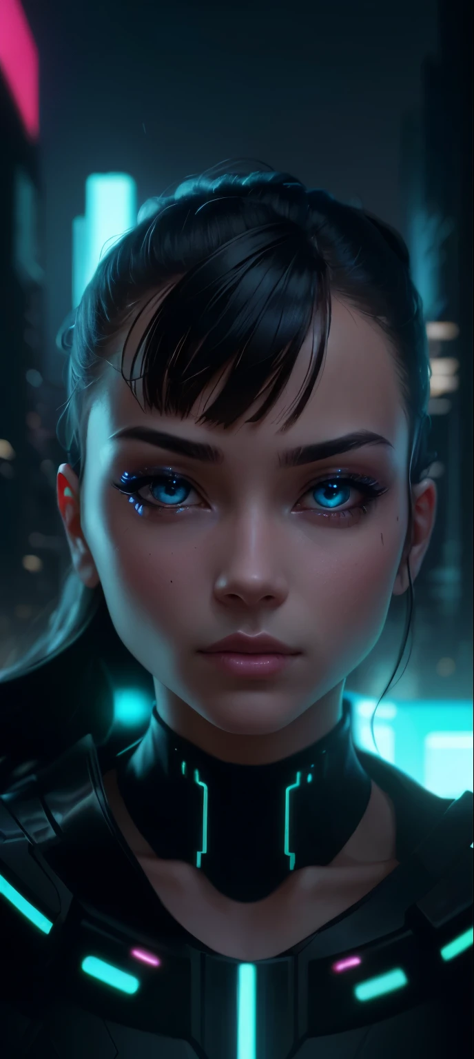 A girl with cybernetic enhancements, glowing eyes, metallic skin, and bio-electric tattoos, standing in a futuristic cyberpunk cityscape, surrounded by neon lights and hovering drones. She is wearing a sleek black bodysuit and her pose conveys power and confidence. The artwork is rendered in a highly detailed digital medium, capturing every intricate detail of the cybernetic enhancements and the reflective surfaces of the city buildings. The colors are vibrant and saturated, embodying the neon-lit atmosphere of the cyberpunk genre. The lighting is dynamic and dramatic, with strong contrast and deep shadows, emphasizing the futuristic and mysterious ambiance. The image quality is of the highest resolution, allowing for ultra-realistic rendering and precise attention to detail. The prompt also includes tags like "(best quality,4k,8k,highres,masterpiece:1.2),ultra-detailed,(realistic,photorealistic,photo-realistic:1.37)", ensuring the generation of a high-quality and visually stunning artwork.