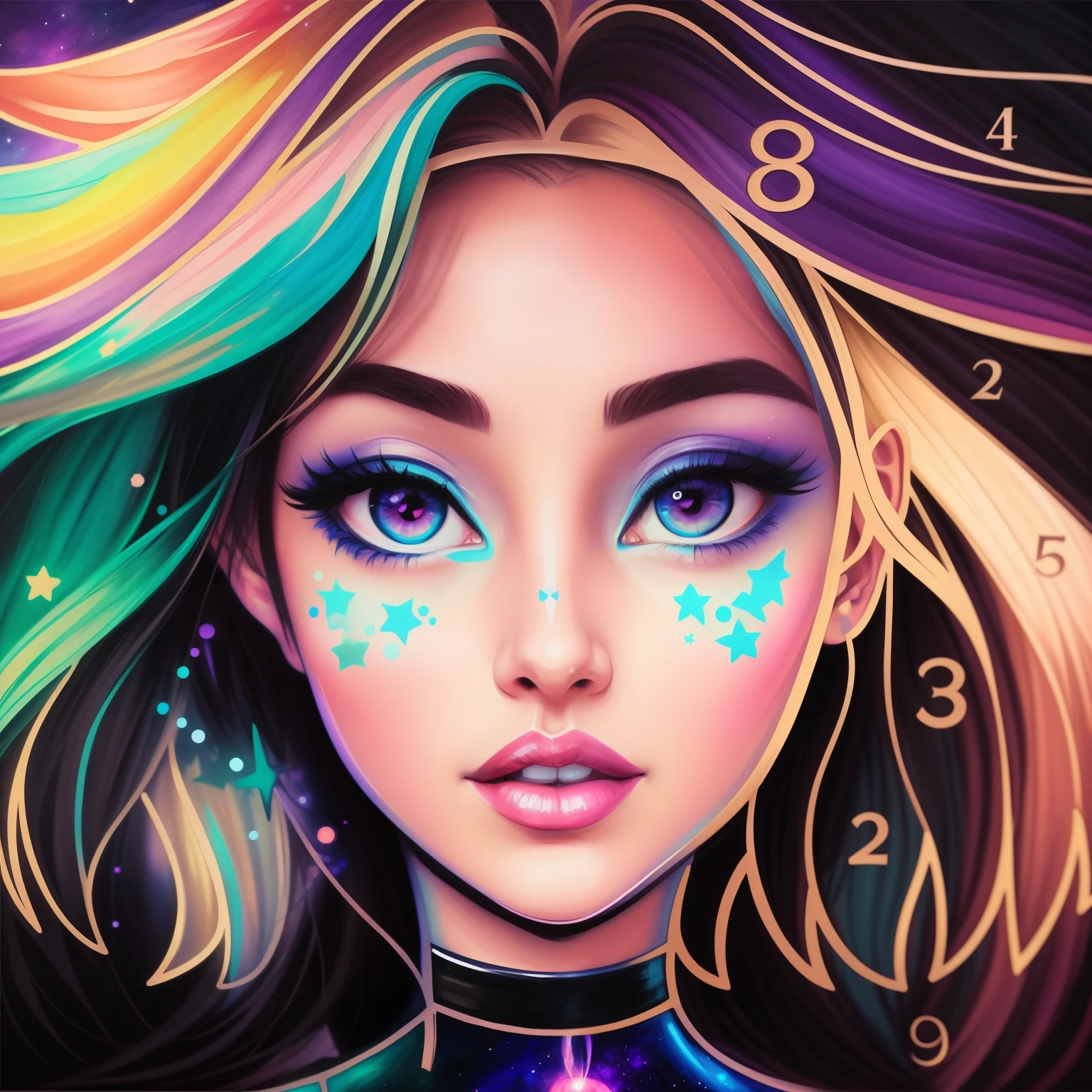 there is a drawing of a woman with a clock in the background, perfect coloring, fantasy coloring, stunning art style, fantasy art style, galaxy colored, pastel coloring, detailed art, paint style, coloring book style, unearthly art style, vibrant fantasy style, painted in the style arcane, loish art style, background artwork, arcane art style, solid coloring